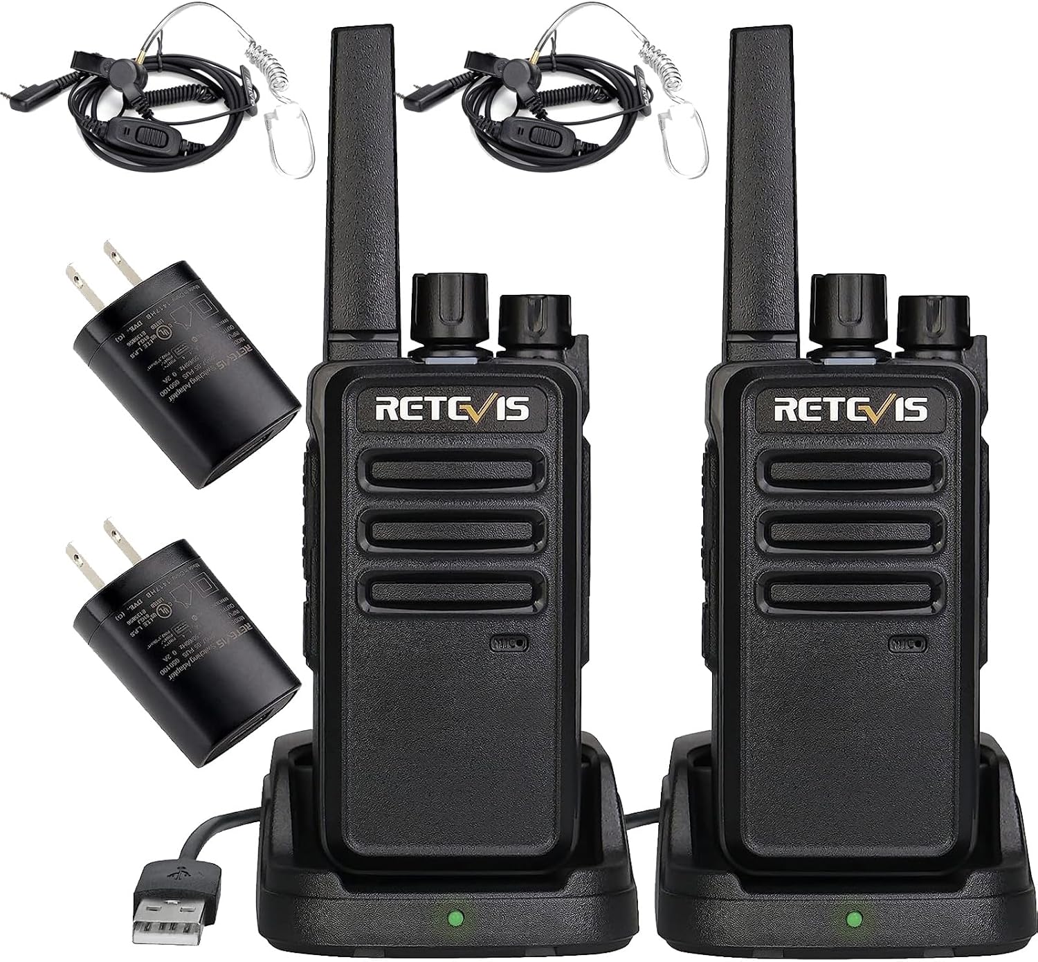 Retevis RT68 Walkie Talkie(2 Pack) with Earpiece(2 Pack),Rechargeable,Portable FRS Two-Way Radio,Heavy Duty Long Range,USB Charging Base,License Free,RT22 Acoustic Tube Walkie Talkie Earpiece with Mic