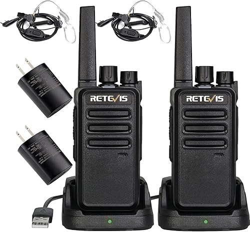 Retevis Walkie Talkie RT68 (paquete de 2) con auricular (paquete de 2), recargable, radio bidireccional FRS portátil, largo alcance resistente, base