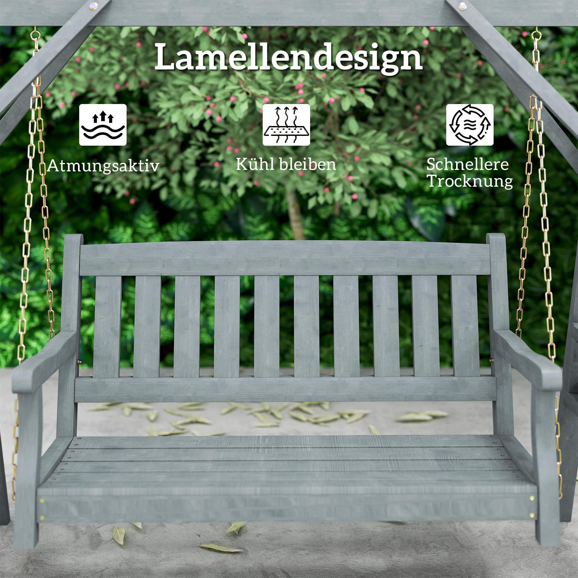 Outsunny Hollywoodschaukel, 2-Sitzer Gartenschaukel aus Holz, Holzschaukel mit Ablagen, Schaukelbank bis 250kg belastbar, für Garten, Terrasse, 183 x 120 x 160cm, Grau