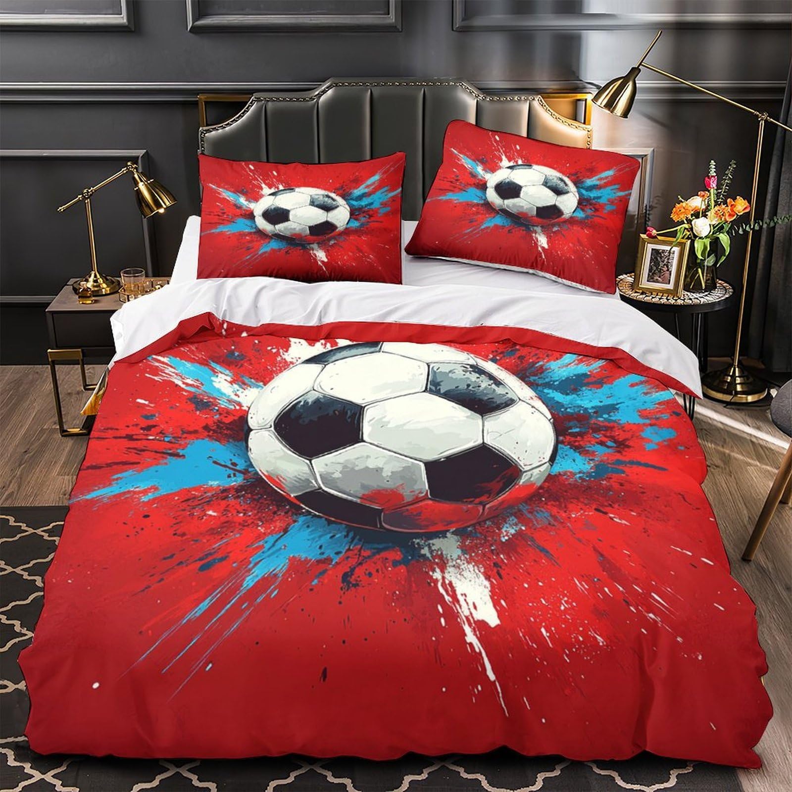 Parure de Lit 3 Pièces Ultra Douce Housse de Couette Soccerball 3D