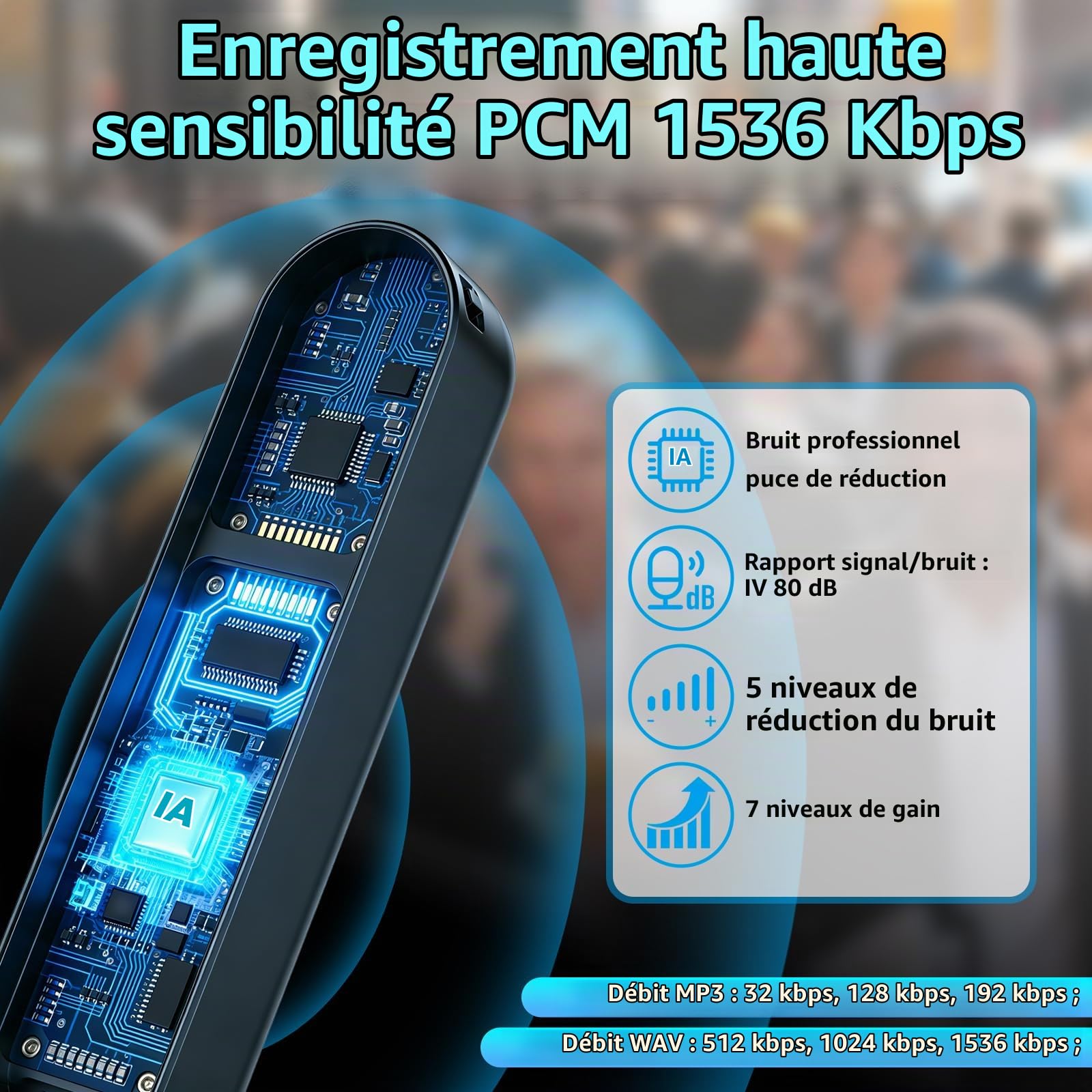 Enregistreur Vocal Dictaphone, 40 Jours d'enregistrement continu, Appareil d'enregistrement d'espionnage, Appareil d'écoute Espion, Prise de Son 360°, Activation Vocale pour Cours et Réunions
