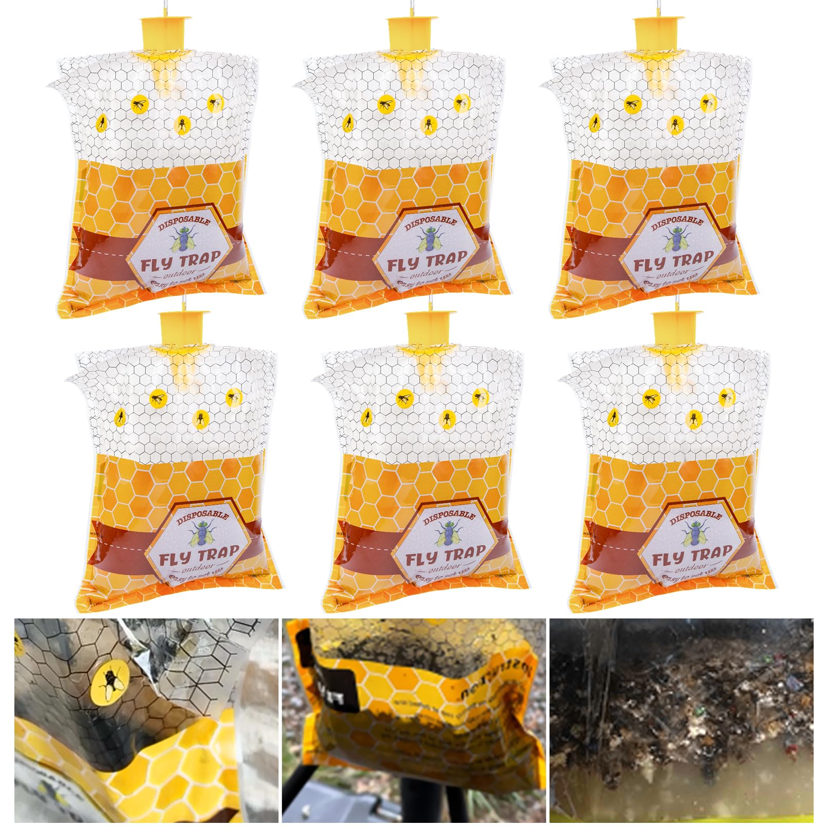 Big Fly Traps Outdoor Hanging, 6 Natural Pre-Baited Fly Bag Outdoor Disposable, Fly Hunter Stable Horse Ranch Fly Trap, Fly Catcher Killer Repellent Control for Mosquito Bug Barn Farm Patio & Camping