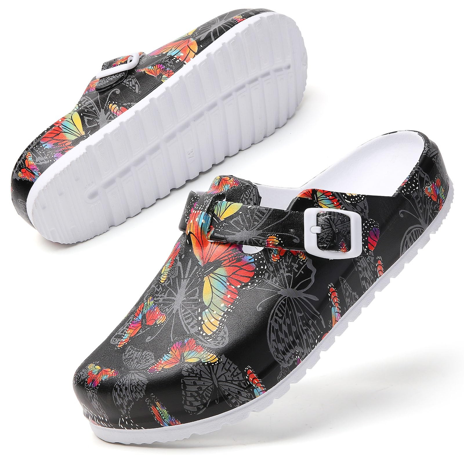 SECHRITE Sabots pour Femmes, Mules à Enfiler avec Soutien de la Voûte Plantaire antidérapantes Chaussures de Jardinage d'infirmière de Chef Cuisine, imprimées Sandales Pantoufles