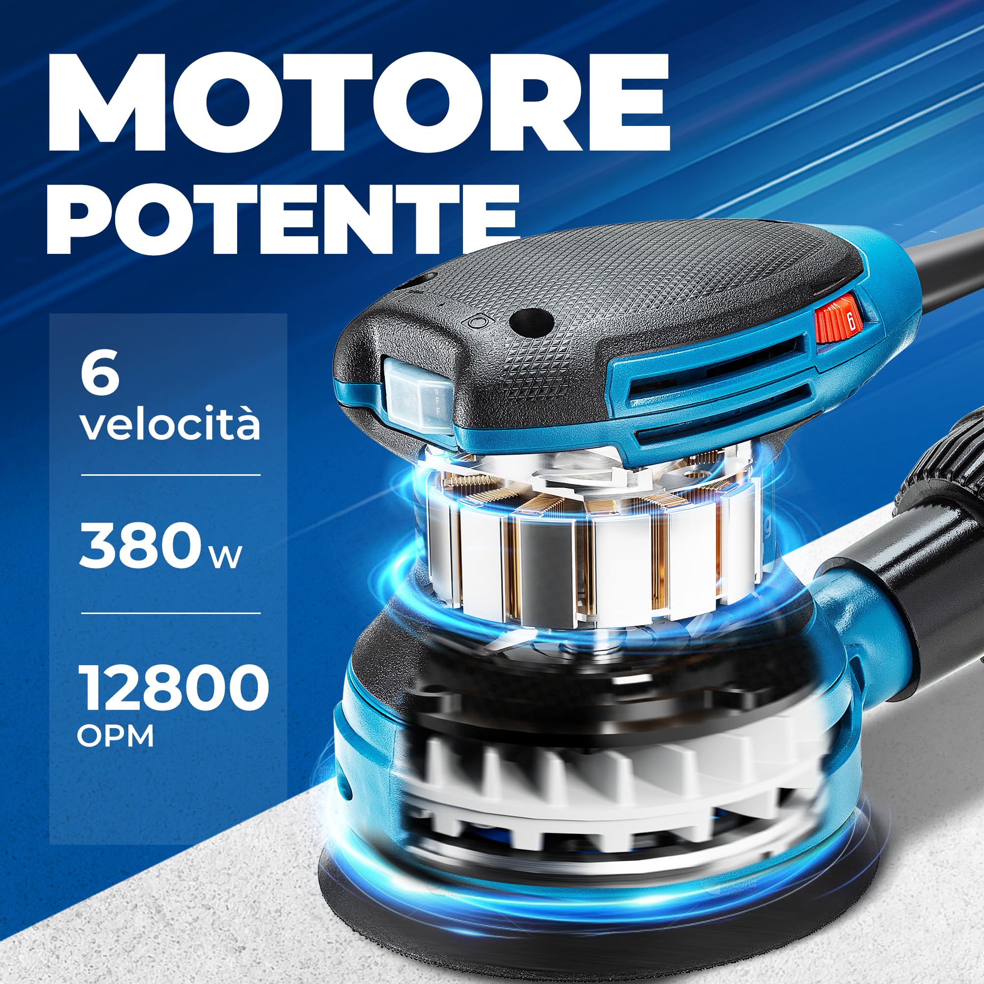 Dong Cheng Levigatrice eccentrica 380 W, 125 mm, 6 vel., orbitale 8000-12800 giri/min, con depolveratore, 20 dischi abrasivi, ideale per legno