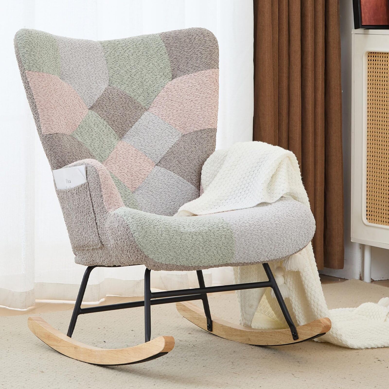 ETCZOYE Nursery Rocking Chair Teddy Upholstered Glider Rocker Rocking Accent Chair with High Backrest Armchair Comfy Side Chair for Living Room,