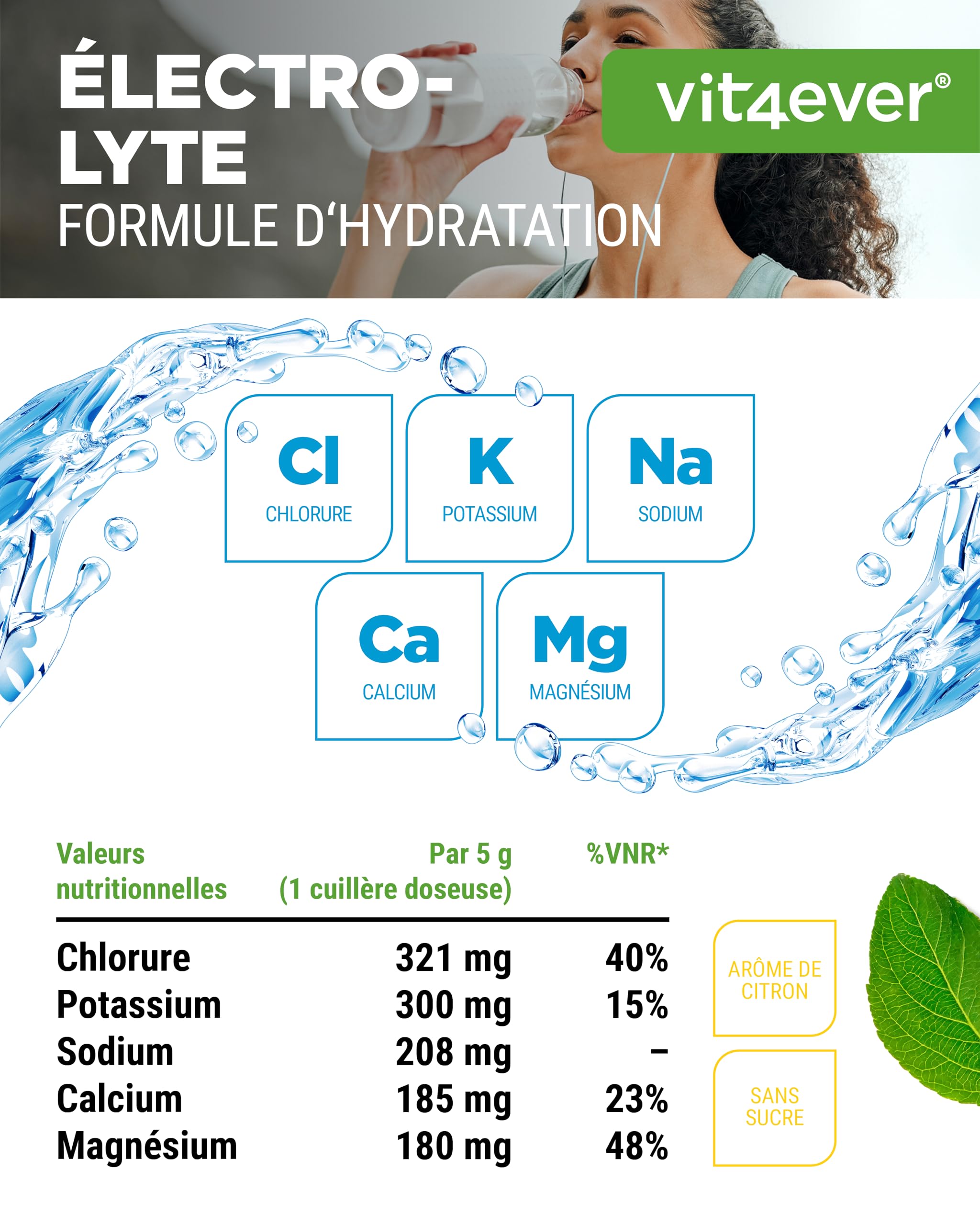 Electrolytes - 400 g (80 portions) - Formule d'hydratation avec chlorure, potassium, sodium, calcium, magnésium - Parfait pour les sportifs en cas de déshydratation - Sans sucre - Vegan - Goût citron