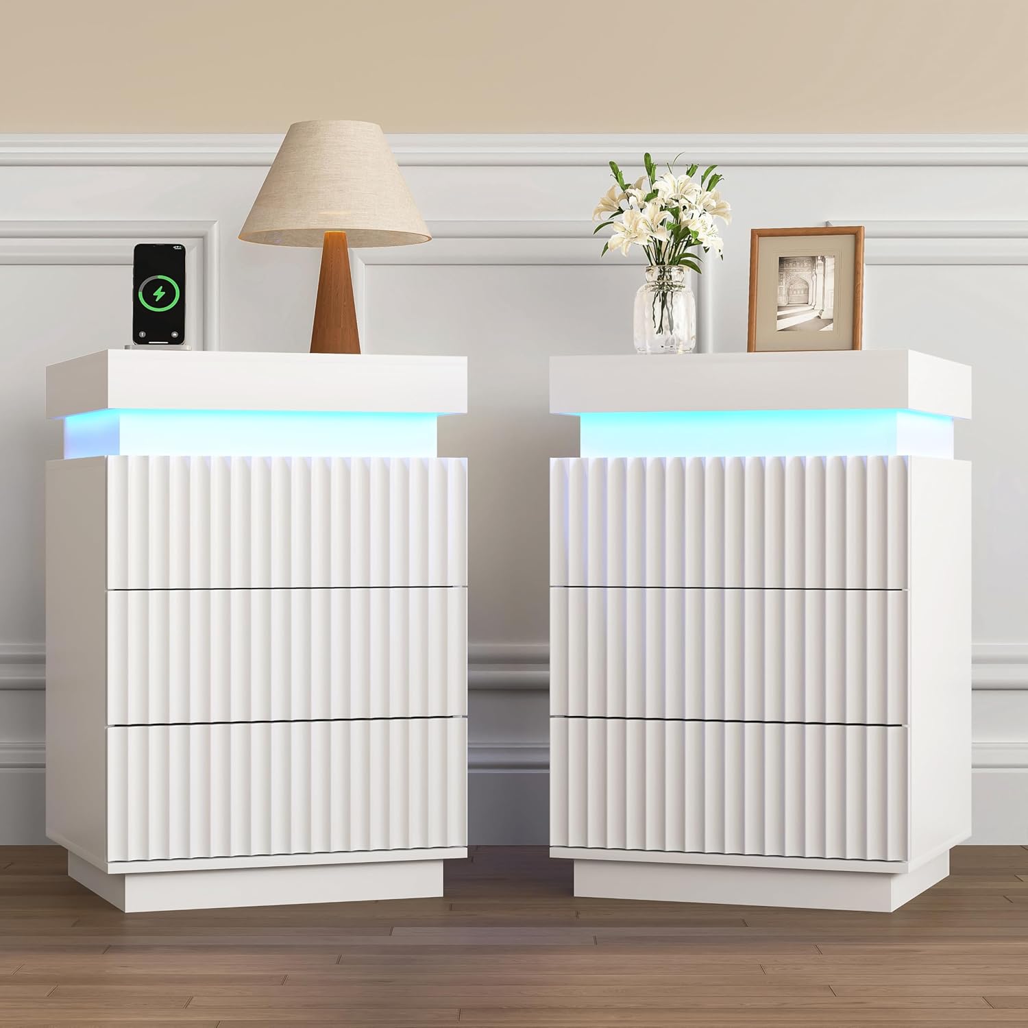Fluted White Nightstand Set of 2 with Charging Station and LED Light,Night Stand with 3 Drawers & Sliding Top,Bedside Tables Set with Storage for Bedroom,Modern End Side Tables for Living Room