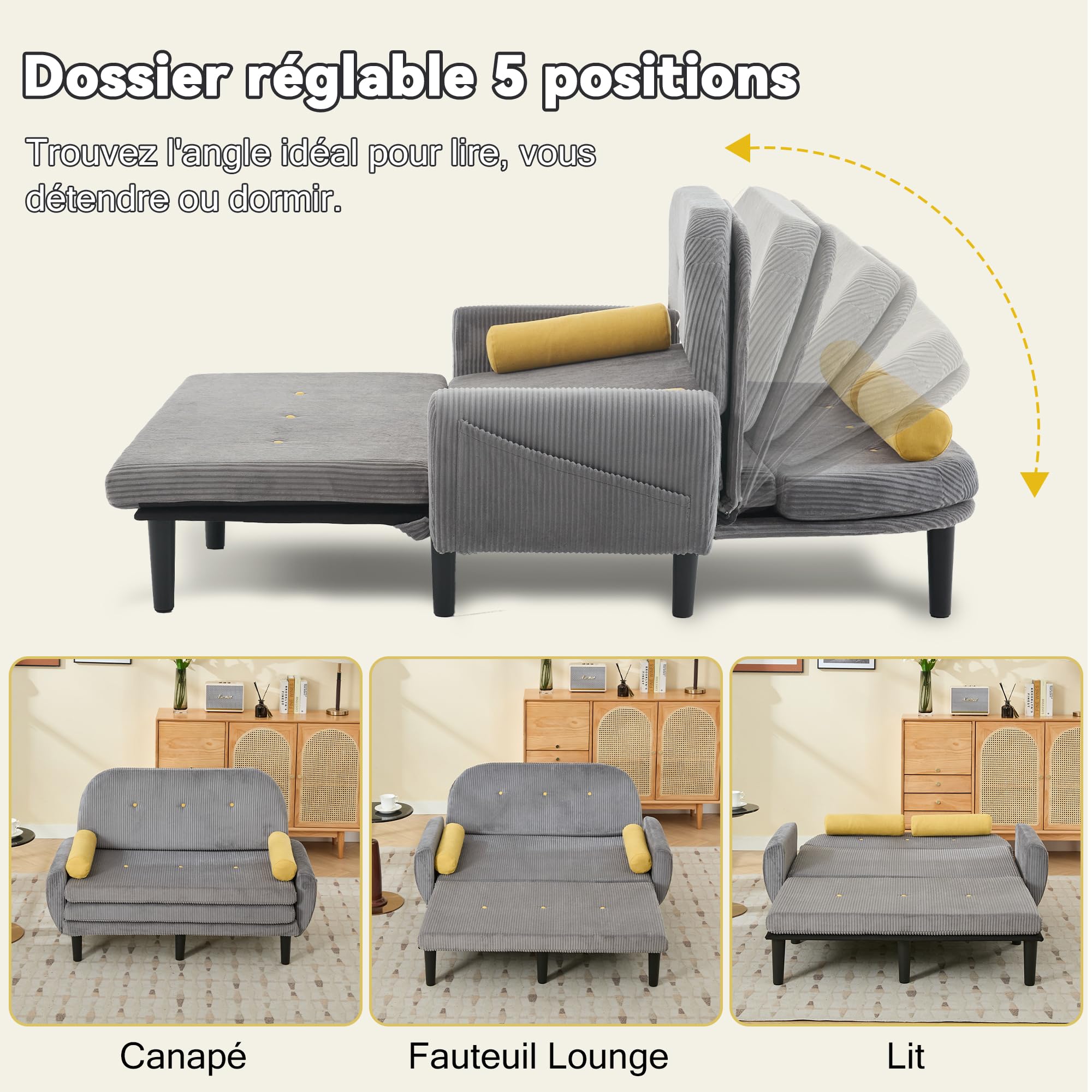Canapé Deux Places en Velours côtelé, Fauteuil-lit avec Rangement et Dossier réglable, pour Salon, Chambre à Coucher, Chambre d'amis