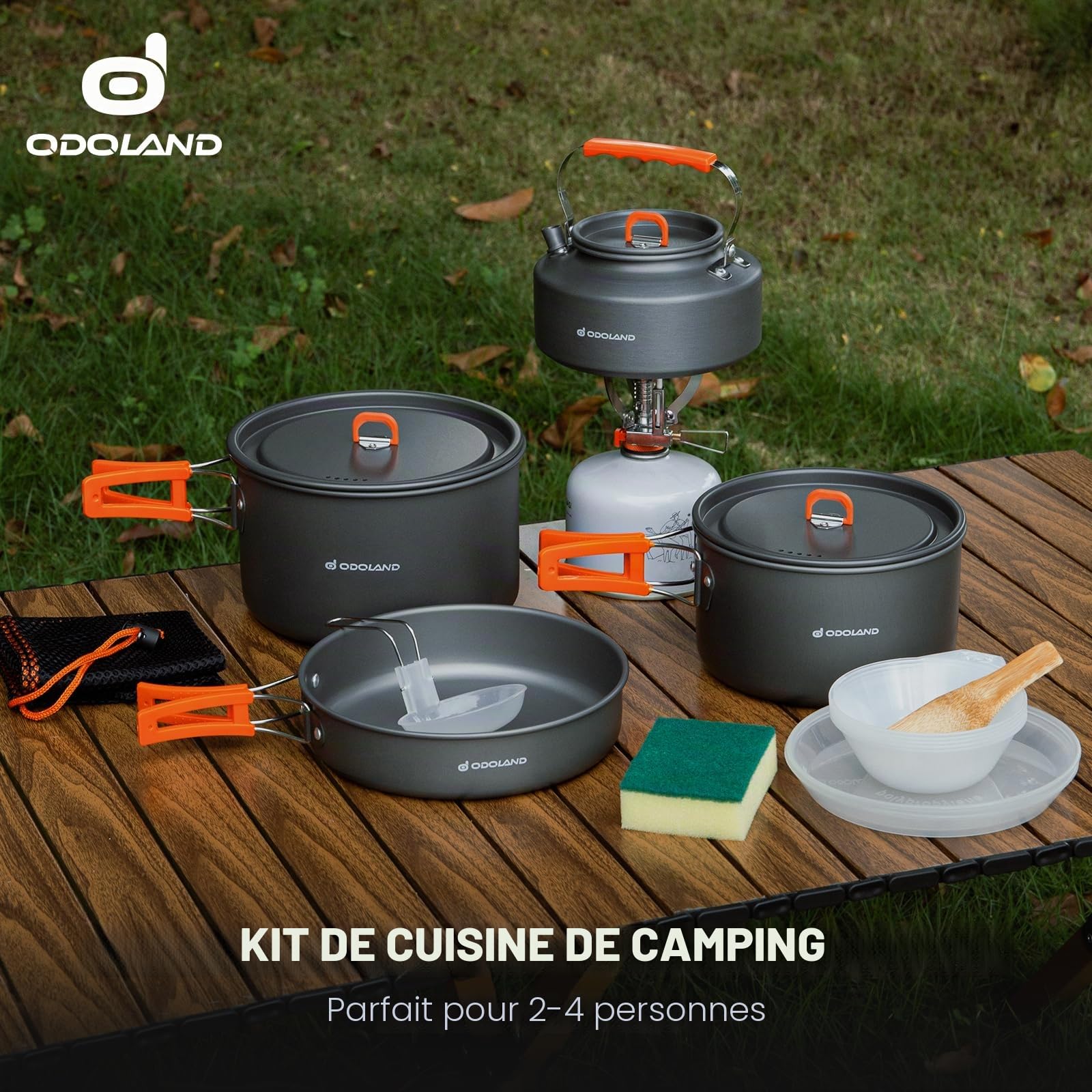 Odoland Set de Casseroles de Camping 15 Pièces, Set de Vaisselle Outdoor avec 3 Casseroles et Poêle à Frire, Kit de Casseroles en Aluminium pour Outdoor Pique-Nique, 4-5 Personnes