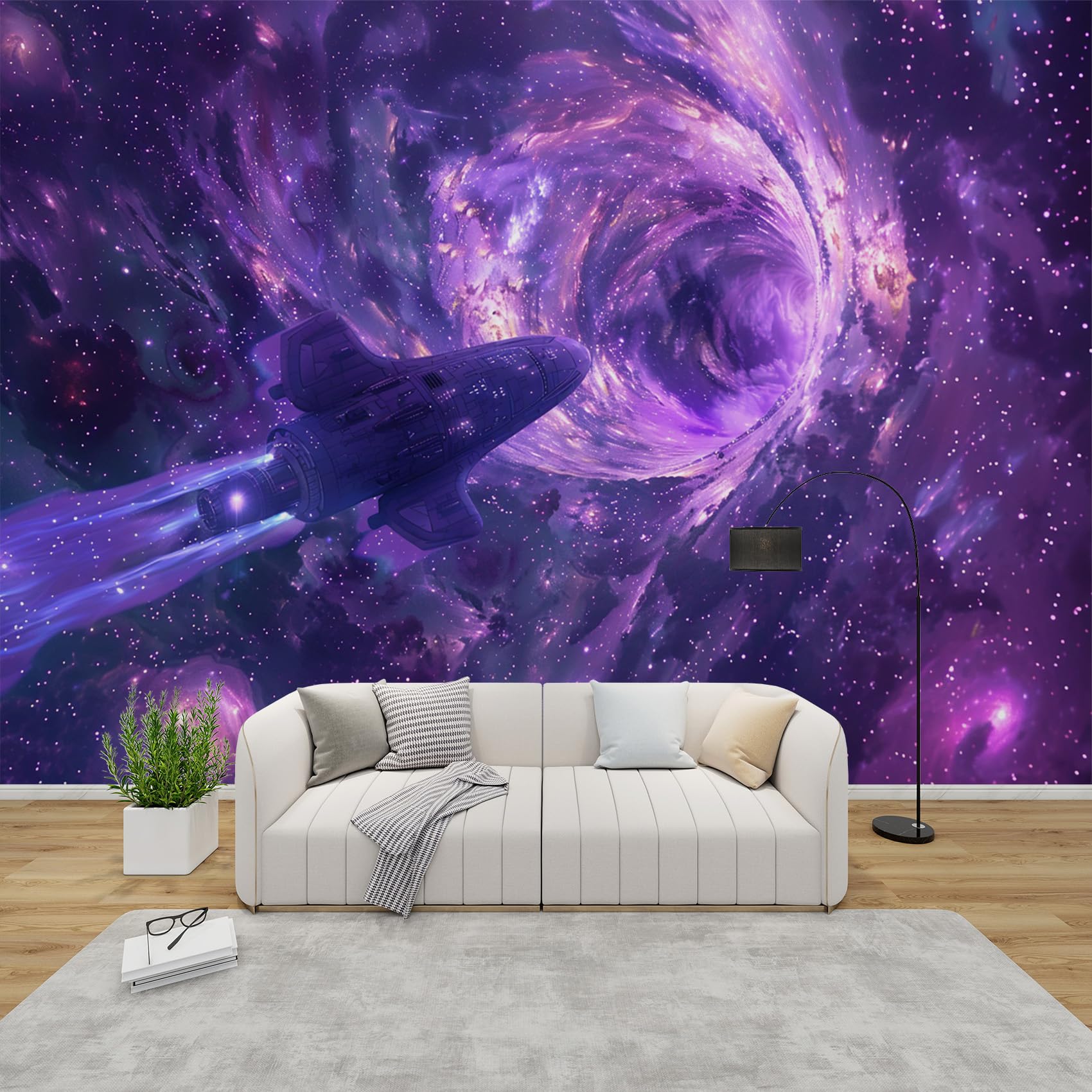 AevuCub Spaceship Wallpaper for Living Room - Galaxy Purple Nebula Wall Murals for Bedrooms, Universe Space-Themed Wall Art, Non-Woven Photo Wallpaper 3D Effect, 400x280 cm
