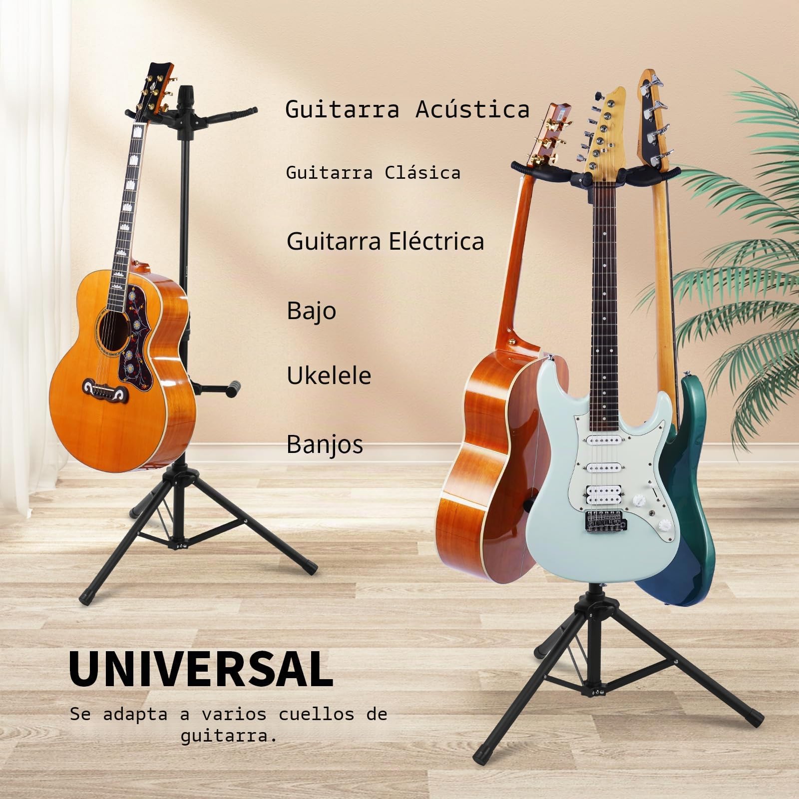GUITTO Soporte triple para guitarra, universal, para guitarras acústicas, eléctricas, bajos, banjos, plegable, multiguitarra, GGS-06T