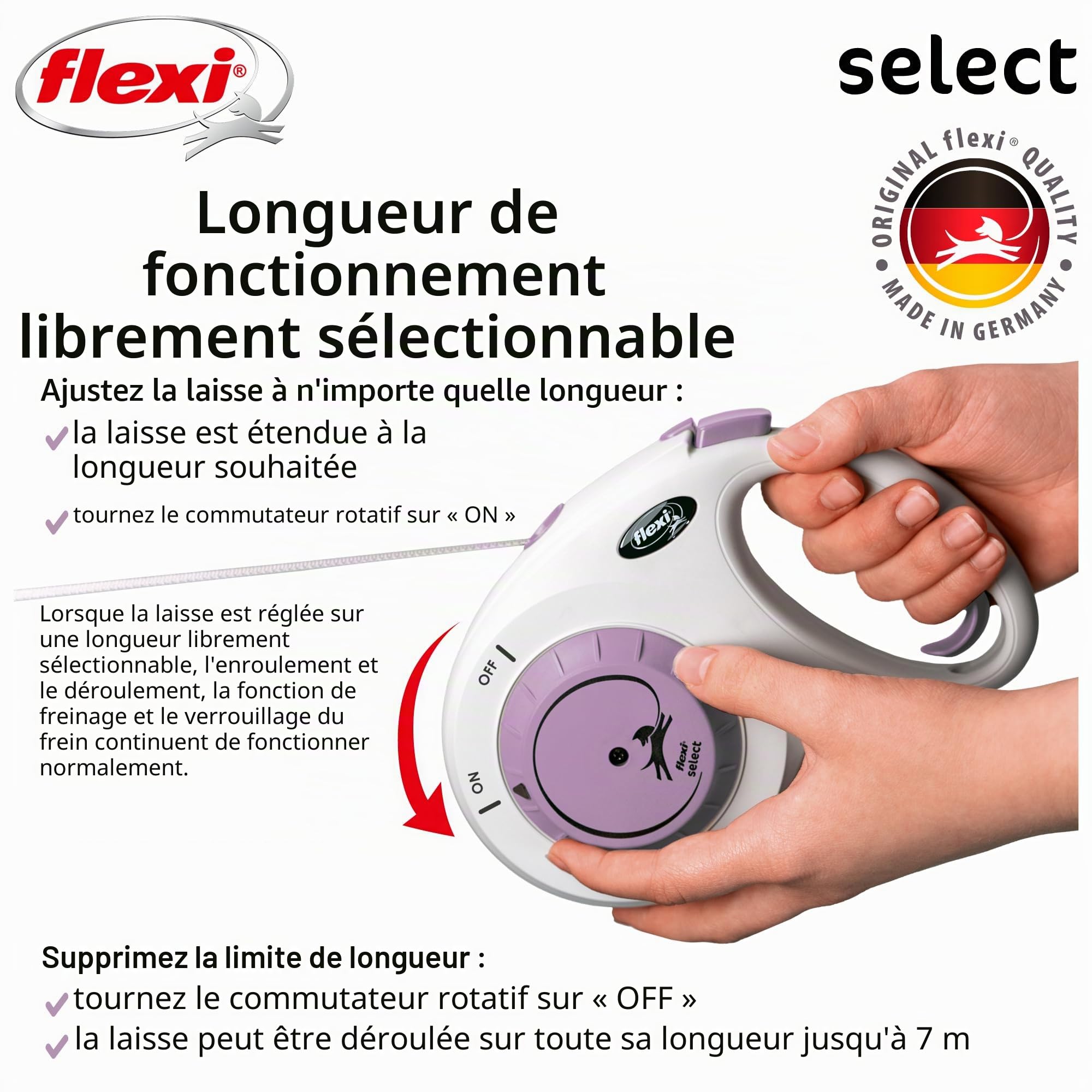 Flexi® Select M | Laisse à Enrouleur à Sangle réglable Entre 0-7 m | Gris/Violet | Laisse rétractable pour Chiens jusqu'à 25 kg | Poids : 440 g | Dimensions : 12,9 x 19,2 cm