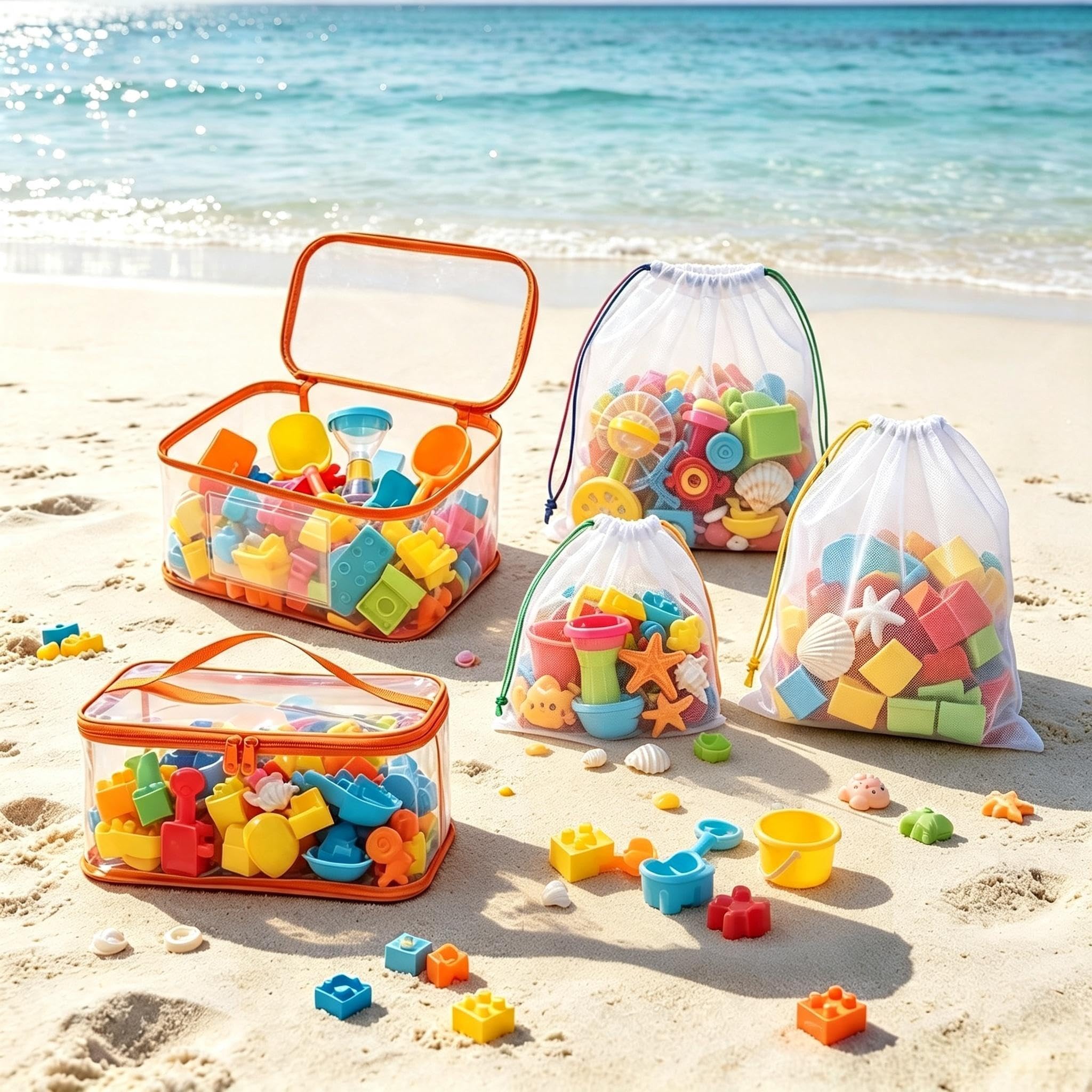2 PcsToy Storage Bags with 3 Bonus Drawstring Bags, Clear PVC Toy Organiser with Double Zipper & Handle, Clear Storage Bags for Building Blocks Puzzles Board Games Books & Travel Toys