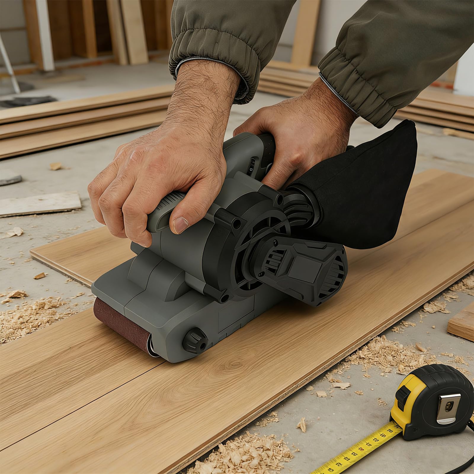 Lijadora de banda, 1200 W, sin escobillas, 6 niveles, 76 x 533 mm, para madera y metal | 180-300 m/min, bolsa para el polvo, asas ergonómicas, ABS resistente, para pulir y eliminar el óxido