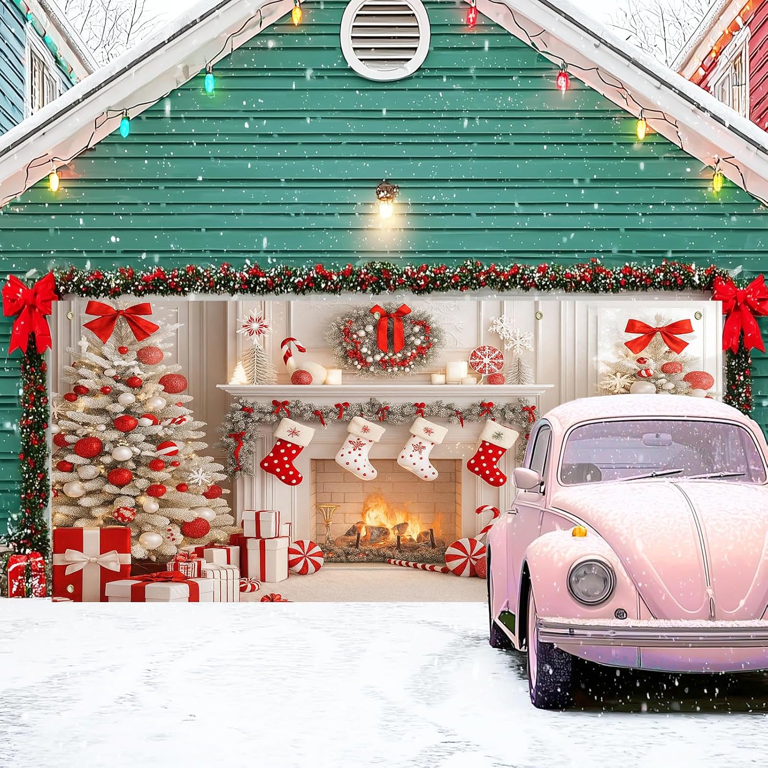 IVN Christmas Garage Door Banner 6x13 ft Candy Peppermint Gift Wrap with Red Bow and Snowflakes Backdrop Decorative Holiday Christmas Garage Door Cover Mural Seasonal Scene Decor