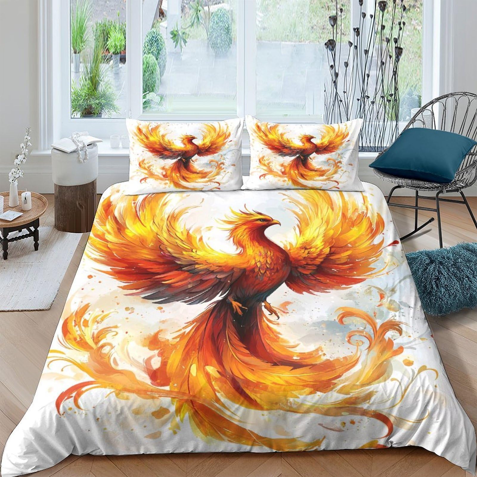 GPLZQXKJNH 3D Printed Phoenix Fire Duvet Cover Microfiber Soft Breathable Flame Bedding Set with 2 Pillowcases for Bedroom Decor Single（135x200cm）