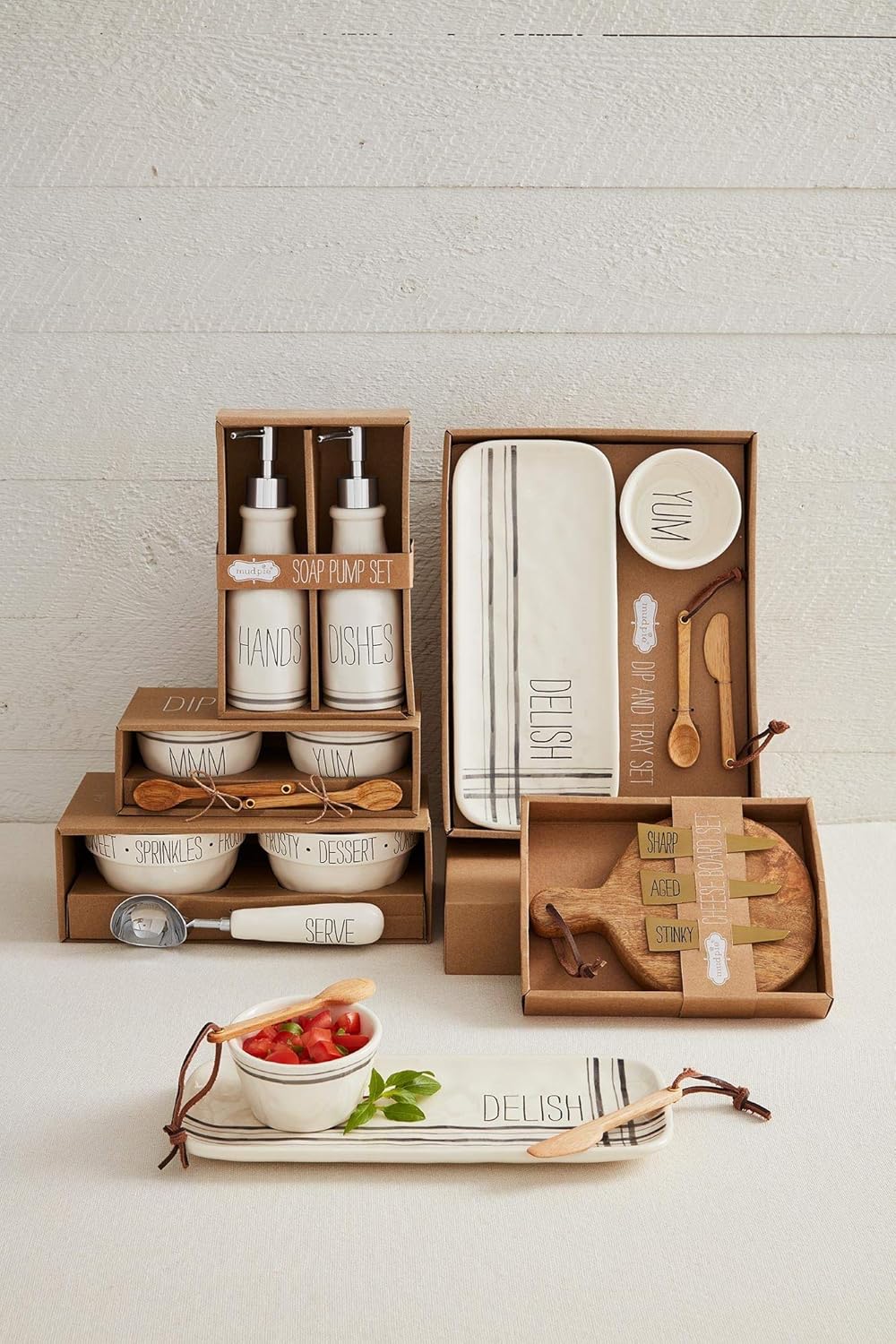  | Mud Pie Bistro Boxed Dip and Tray, Size 5" x 12" | Cup 2" x 3 1/4" Dia | Utensil 5", White: Chip & Dip Sets