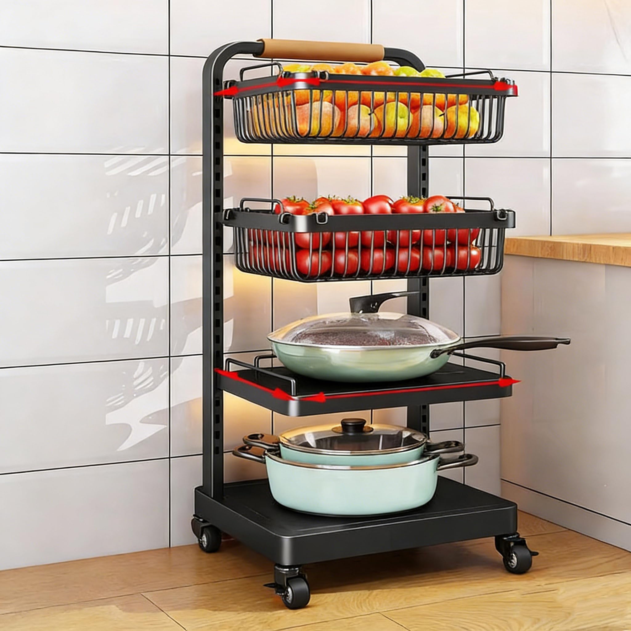 Carrito de almacenamiento de cocina, organizador rodante con cestas extraíbles, estante que ahorra espacio para utensilios de cocina y electrodomésticos