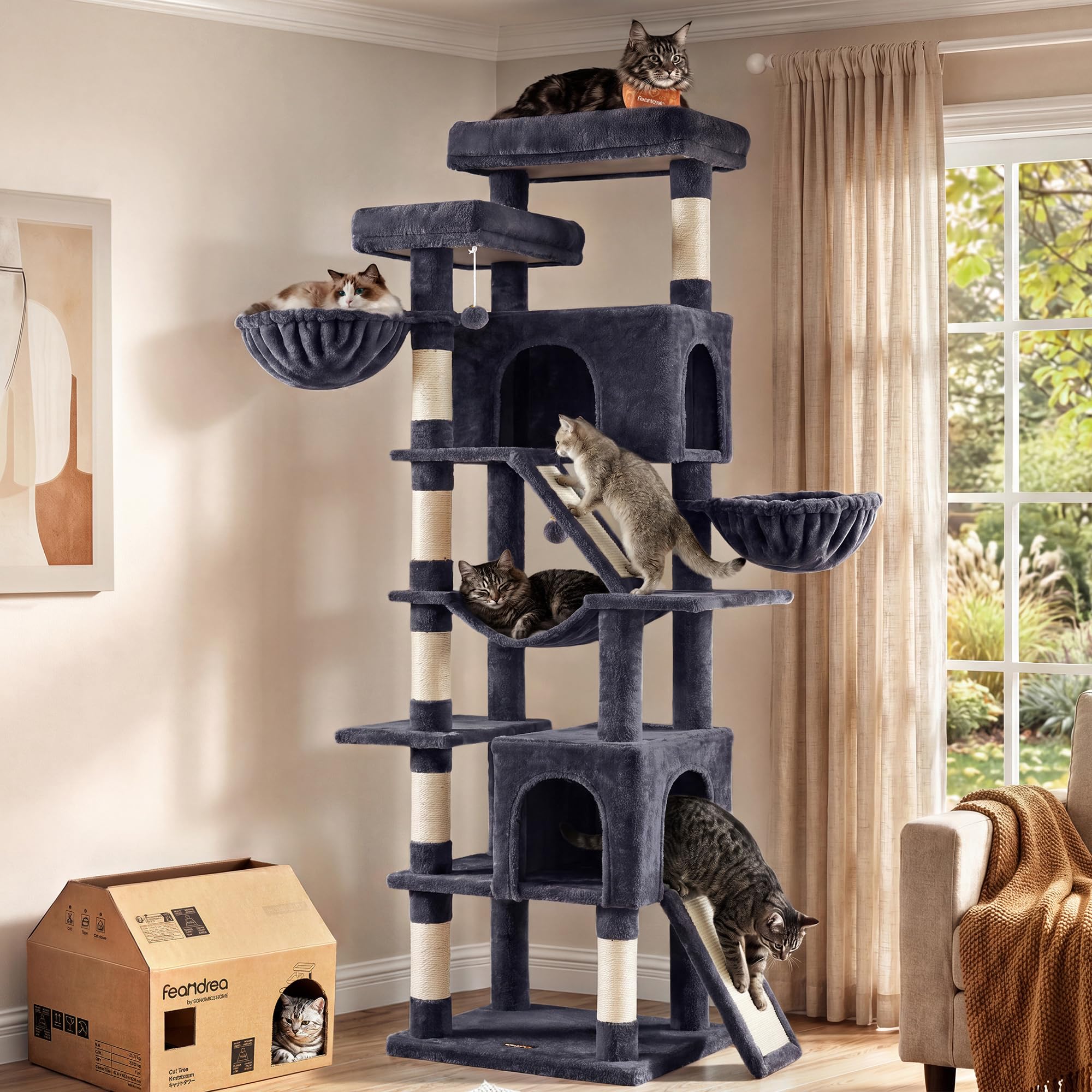 Feandrea Árbol para Gatos XXL, Torre con Postes de Sisal, Rascador para Varios Gatos Grandes, 7 Áreas de Descanso, 55 x 45 x 205 cm, Gris Oscuro, Colección Clawfy PCT021G201