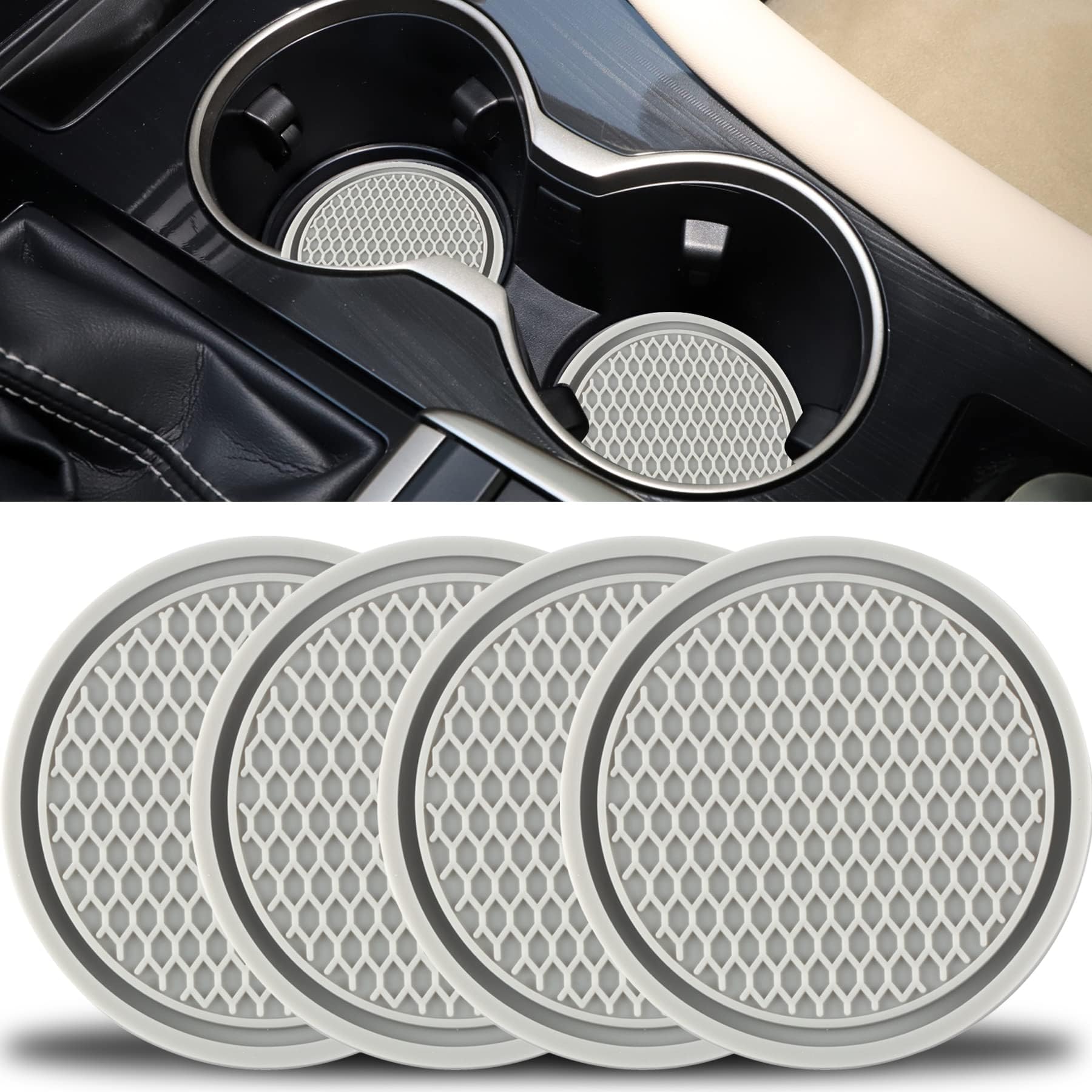 (Grey) Car Cup Coaster, 4PCS Universal Non-Slip Cup Holders Embedded in Ornaments Coaster, Car Interior Accessories Compatible with C-aptiva