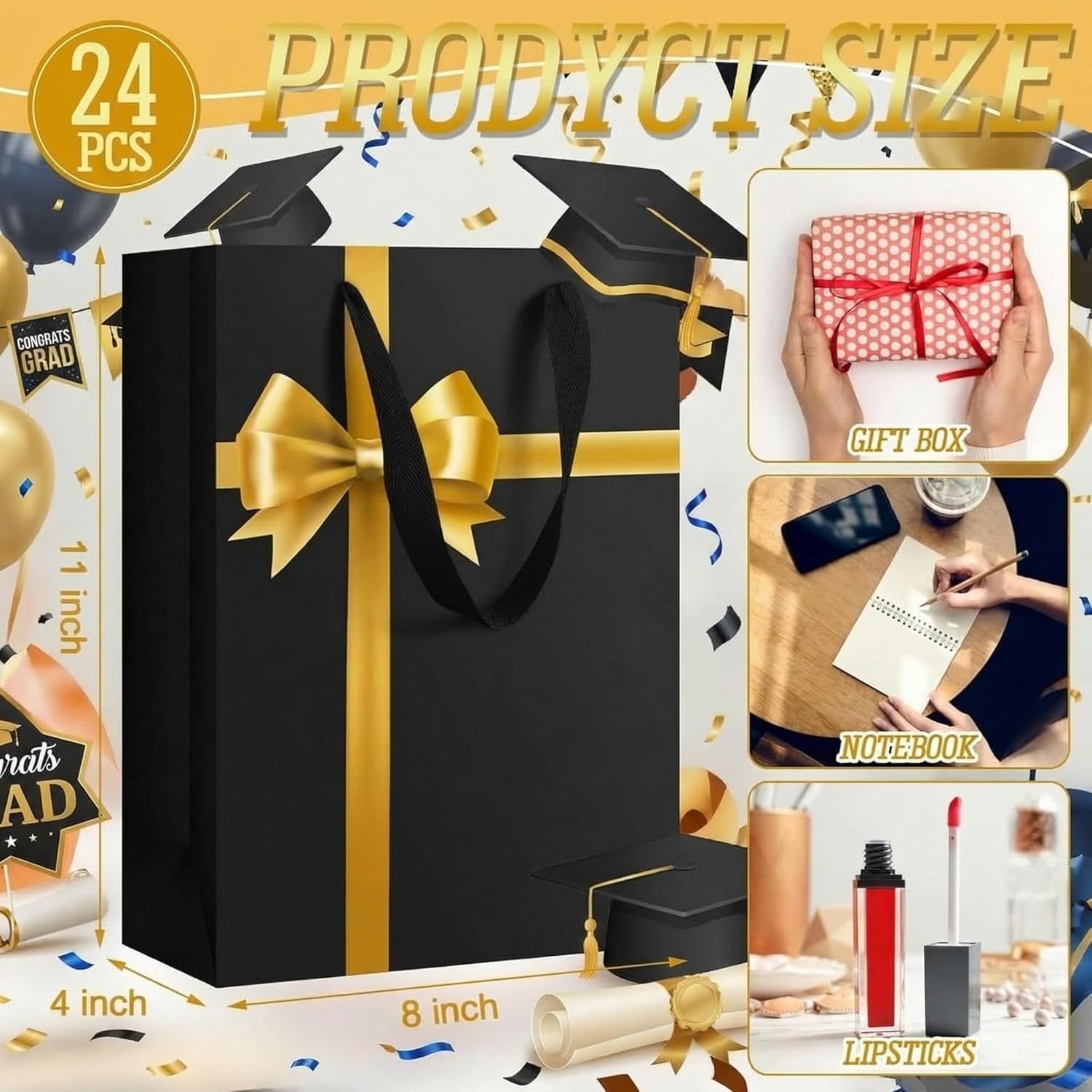Kolldenn 24 Pcs 2026 Graduation Black Bow Gift Bags with Handles 11 x 4 x 8 Inch Paper Gift Bags for Anniversary College Senior School Wedding Bridal Birthday Party Housewarming Mothers Day