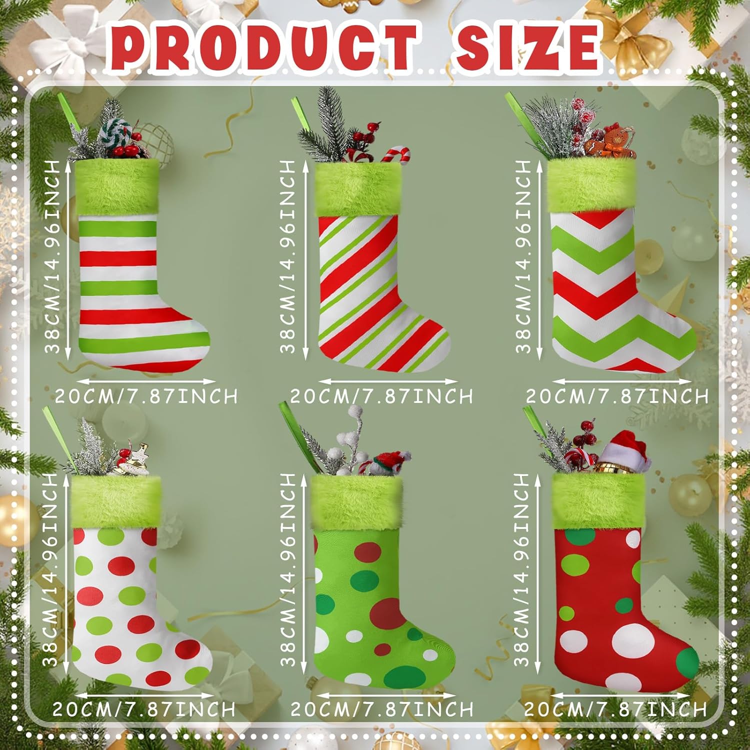 6 Pcs Christmas Stockings 15 Inch Lime Green Faux Fur Elf Christmas Stockings Red and Green Xmas Fireplace Tree Hanging Decorations for Holiday Xmas Gift Family Party Decorations