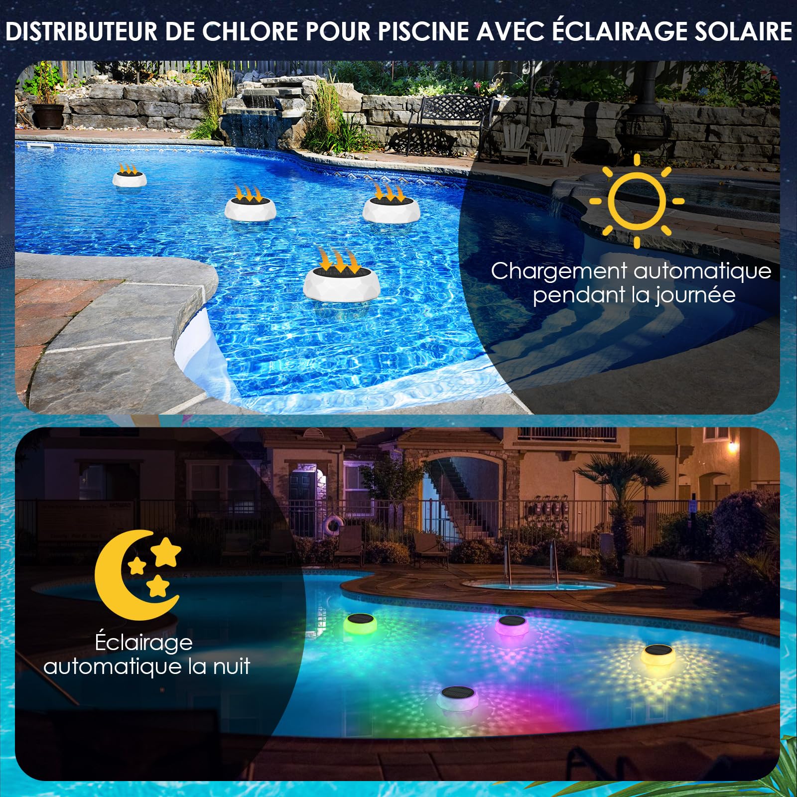 ZWOOS Diffuseur Chlore Piscine, Flotteur Chlore Piscine, Distributeur Chlore Piscine avec Doseur Flottant Extensible (Vide), Lampe Solaire Piscine Flottante avec Télécommande, Distributeur de Chlore