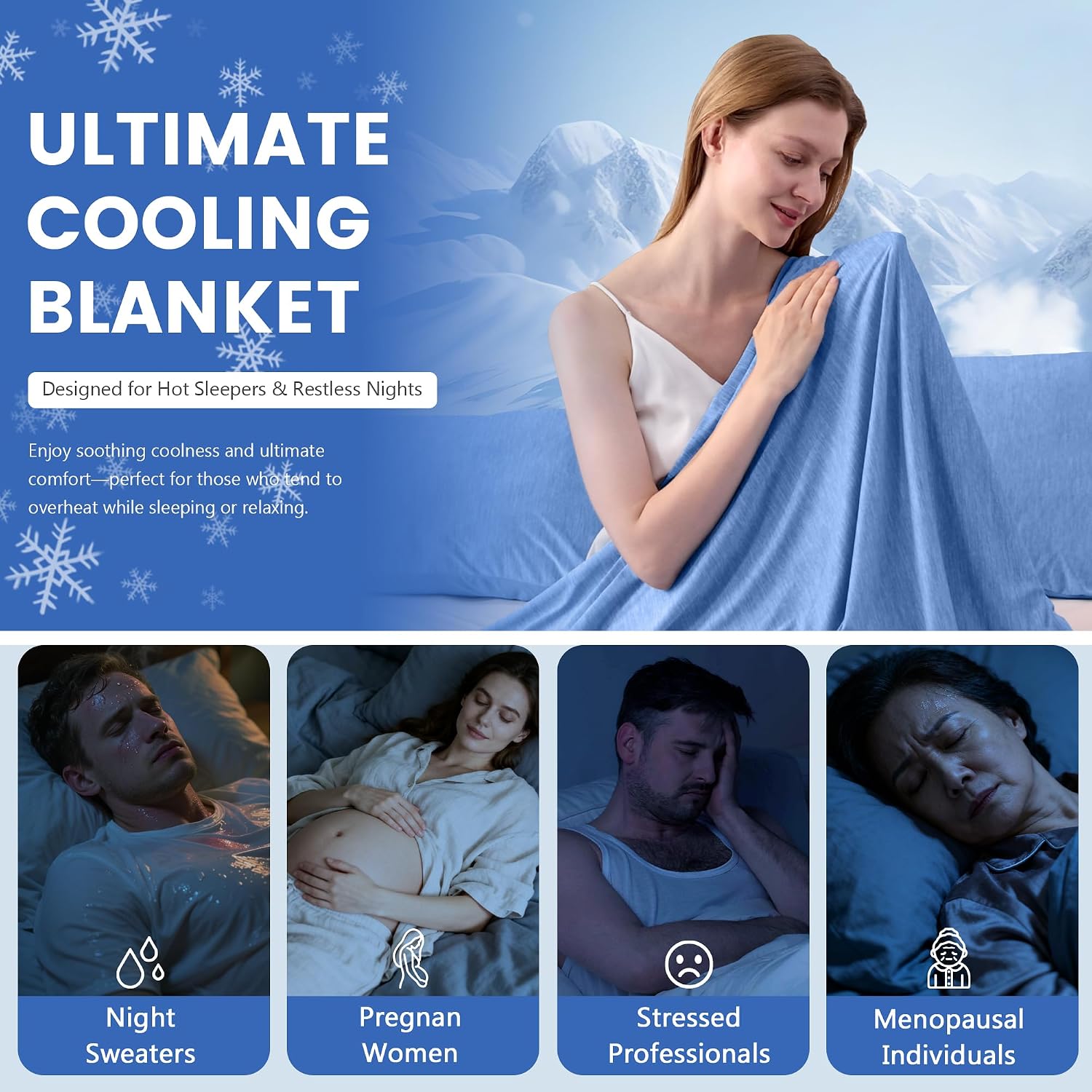 LINENOVA - Cooling Blanket for Hot Sleep, Japanese Q-Max > 0.43 Arc-Chill Cooling Fiber Cooling Blanket, Breathable Soft Double Sided Summer Blanket for Night Sweats Blue