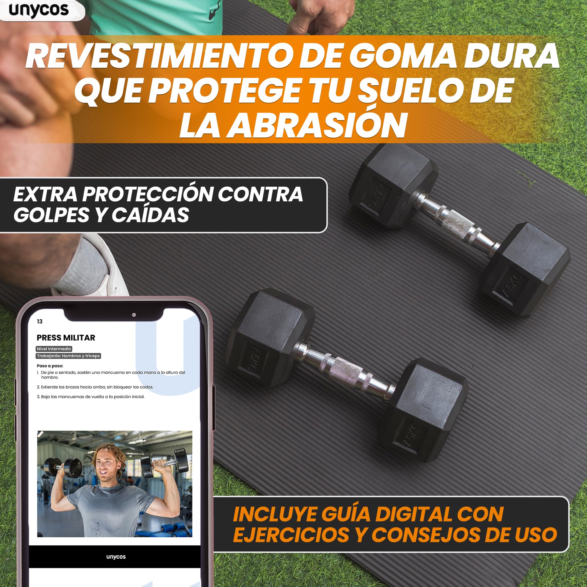 unycos - Mancuernas y Pesas Antideslizantes con Revestimiento de Caucho y Empuñadura Cromada, Disponibles de 5 a 20 kg con Diseño Anti-Rodadura, Entrenamiento de Fuerza/Fitness