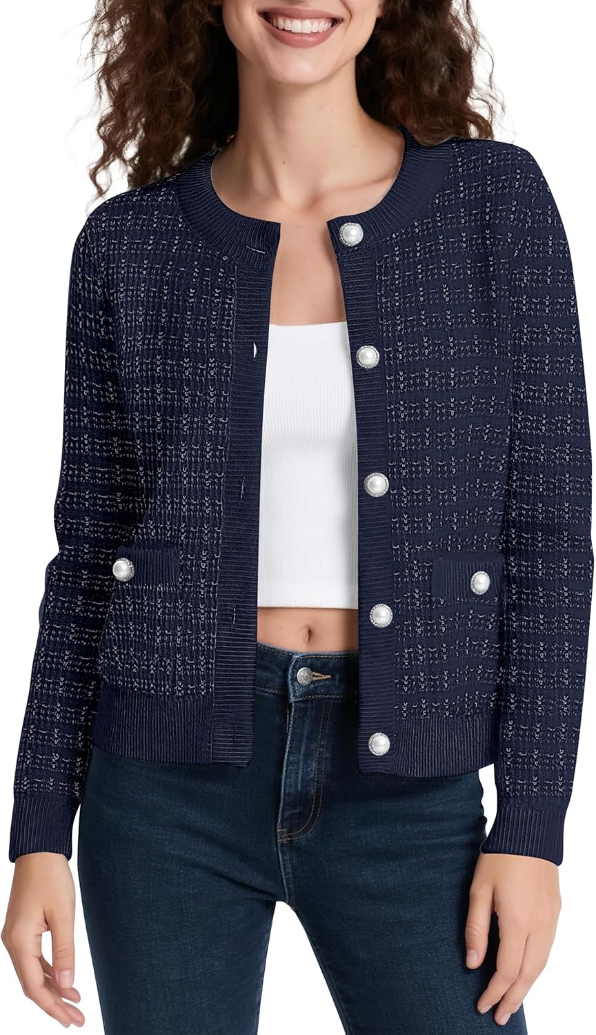 Urban CoCo Women's Open Front Button Down Knit Cropped Cardigan Casual Long Sleeve Sweater Jacket