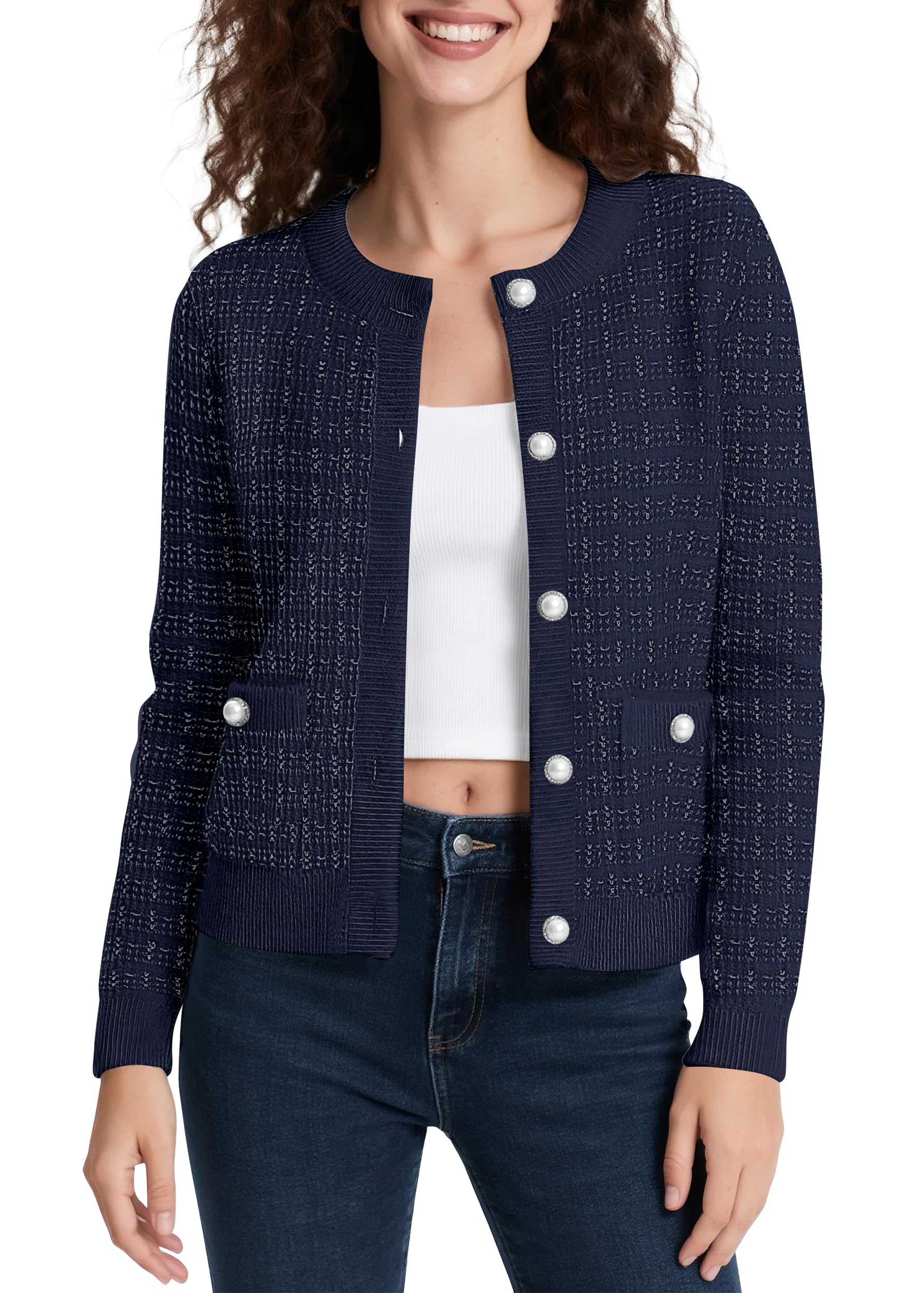 Urban CoCo Women's Open Front Button Down Knit Cropped Cardigan Casual Long Sleeve Sweater Jacket