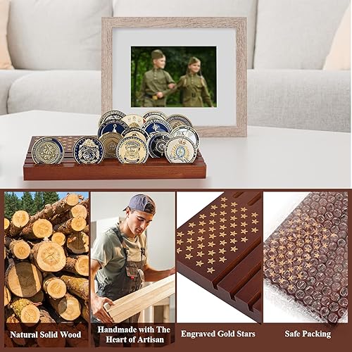 Miniatura 3 de Samplife Estante para monedas, soporte de exhibición de monedas de desafío, estantes de madera del ejército coleccionables, soporte para monedas con