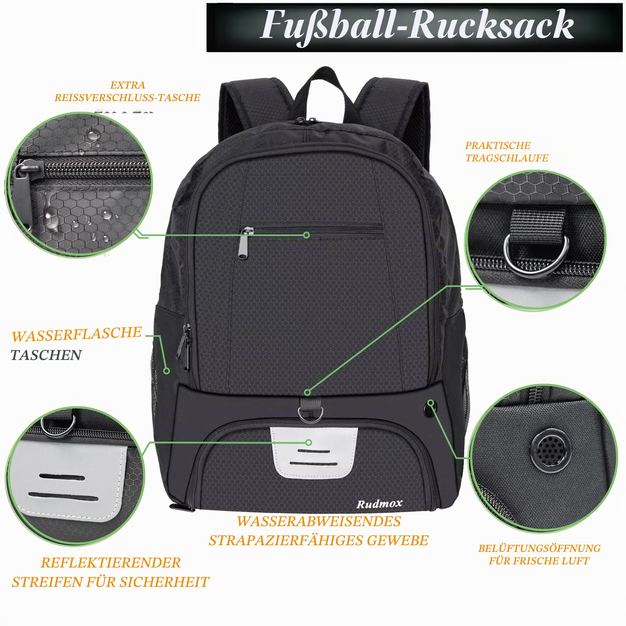 Fußballtasche-Rucksack für Basketball, Volleyball mit Stollenschuhen und Ballfach und innenliegende Laptoptasche für Reisen, Fitnessstudio, Wandern, Sportverein