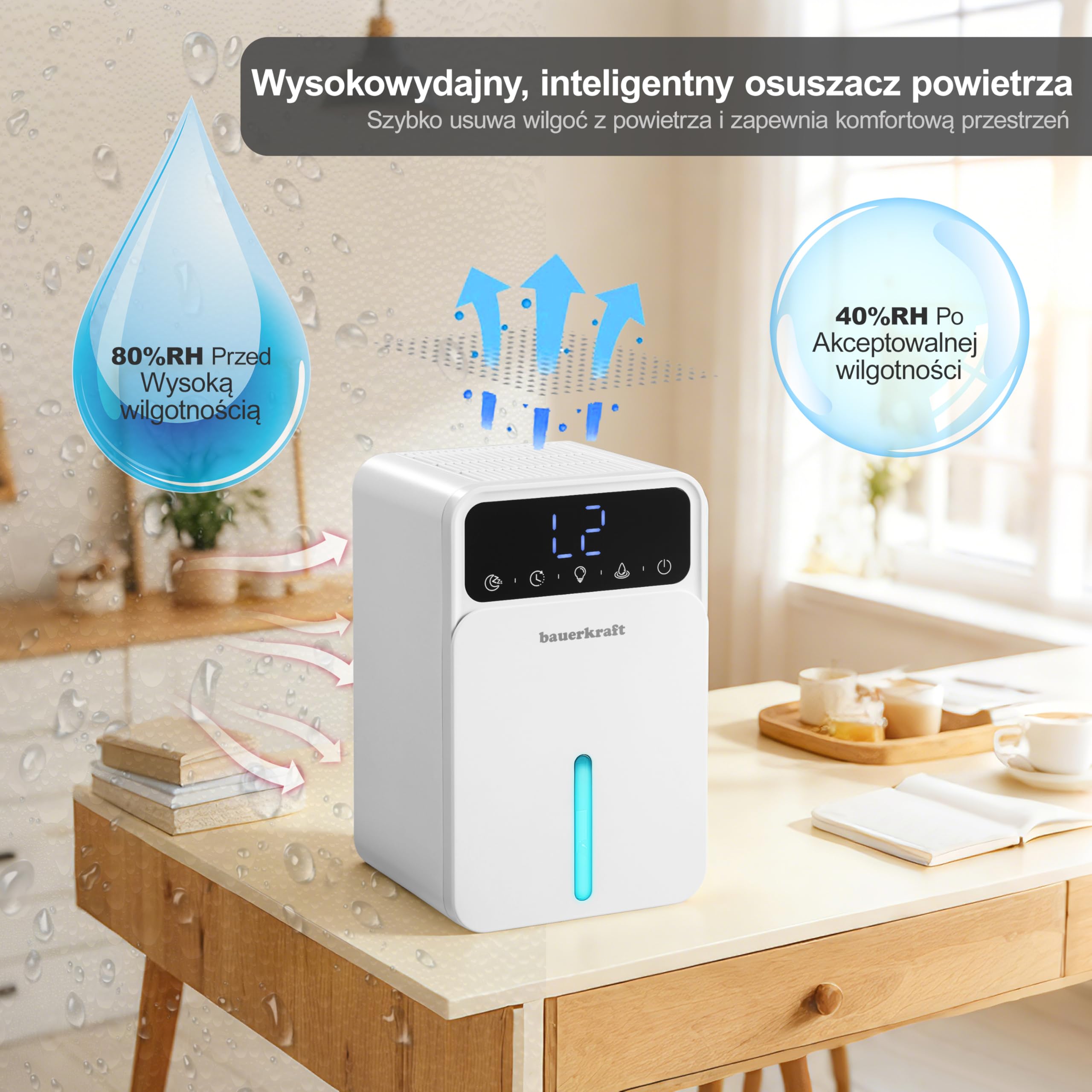 Kompaktowy cichy mini osuszacz powietrza pochłaniacz wilgoci 350ml/24h 1,2l Bauerkraft