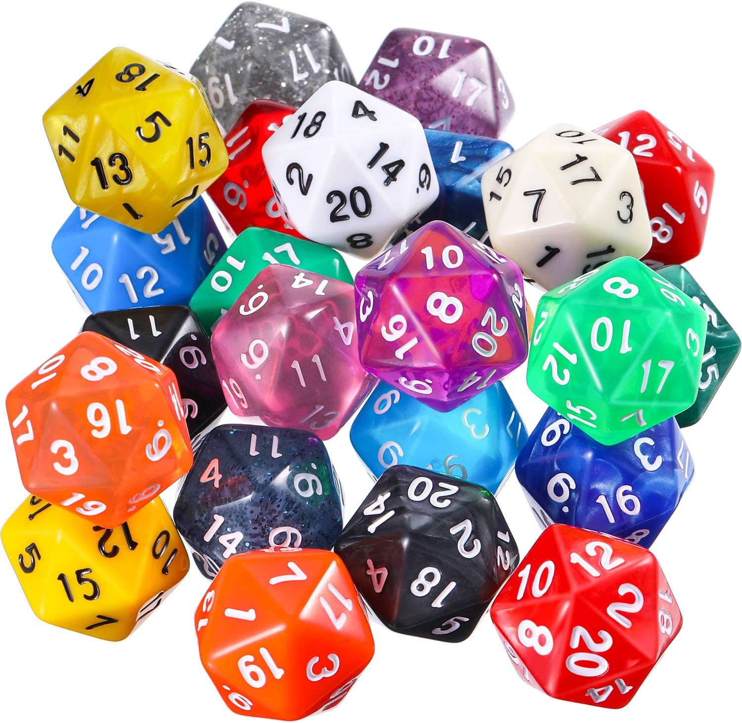 TecUnite 25 Pieces Polyhedral Dice Set with Black Pouch for DND RPG MTG and Other Table Games with Random Multi Colored Assortment (Color Set 3, D20)