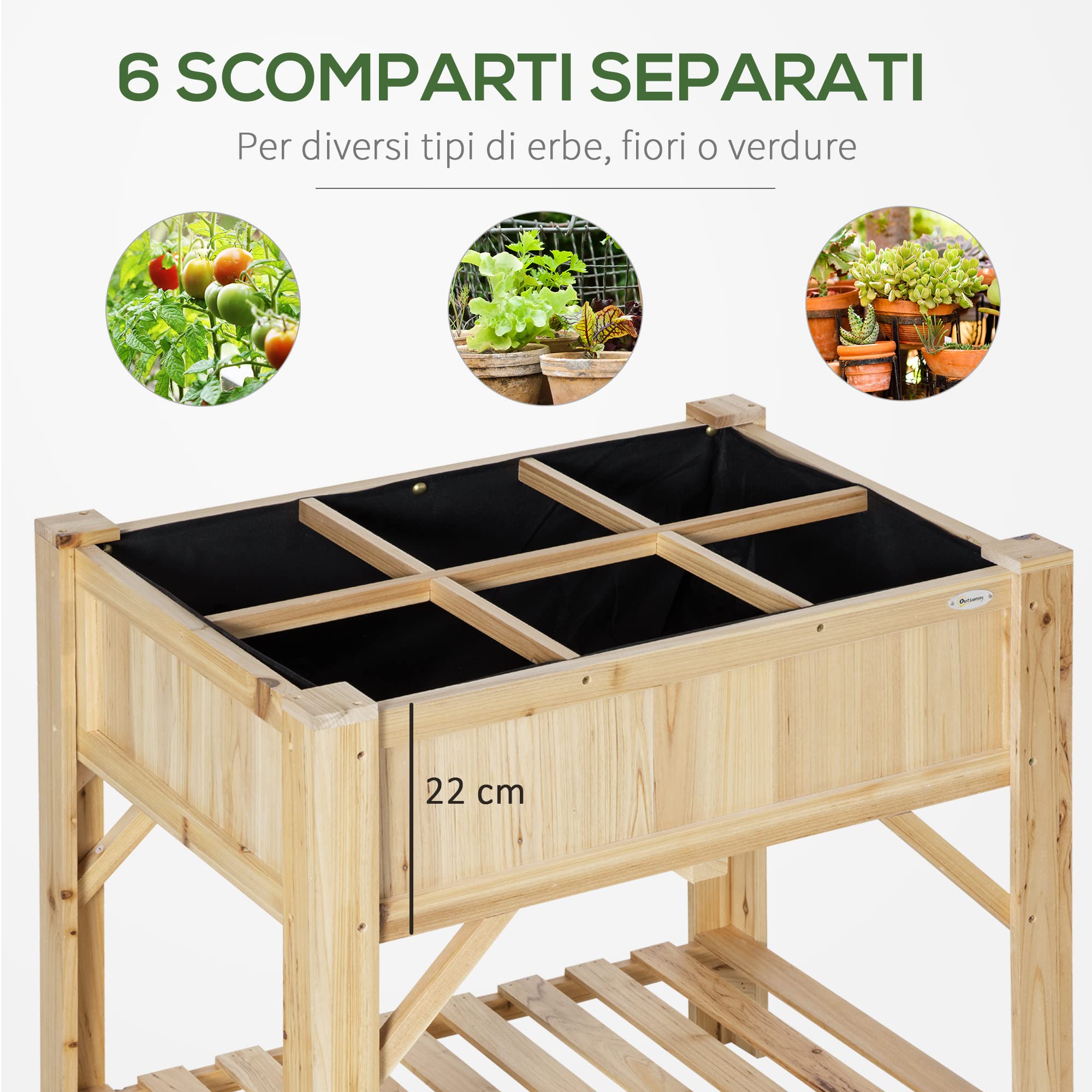 Outsunny Letto per Orto Rialzato con 6 Scomparti, Fioriera da Esterno Portapiante in Legno di Abete, 78.5x58x81cm