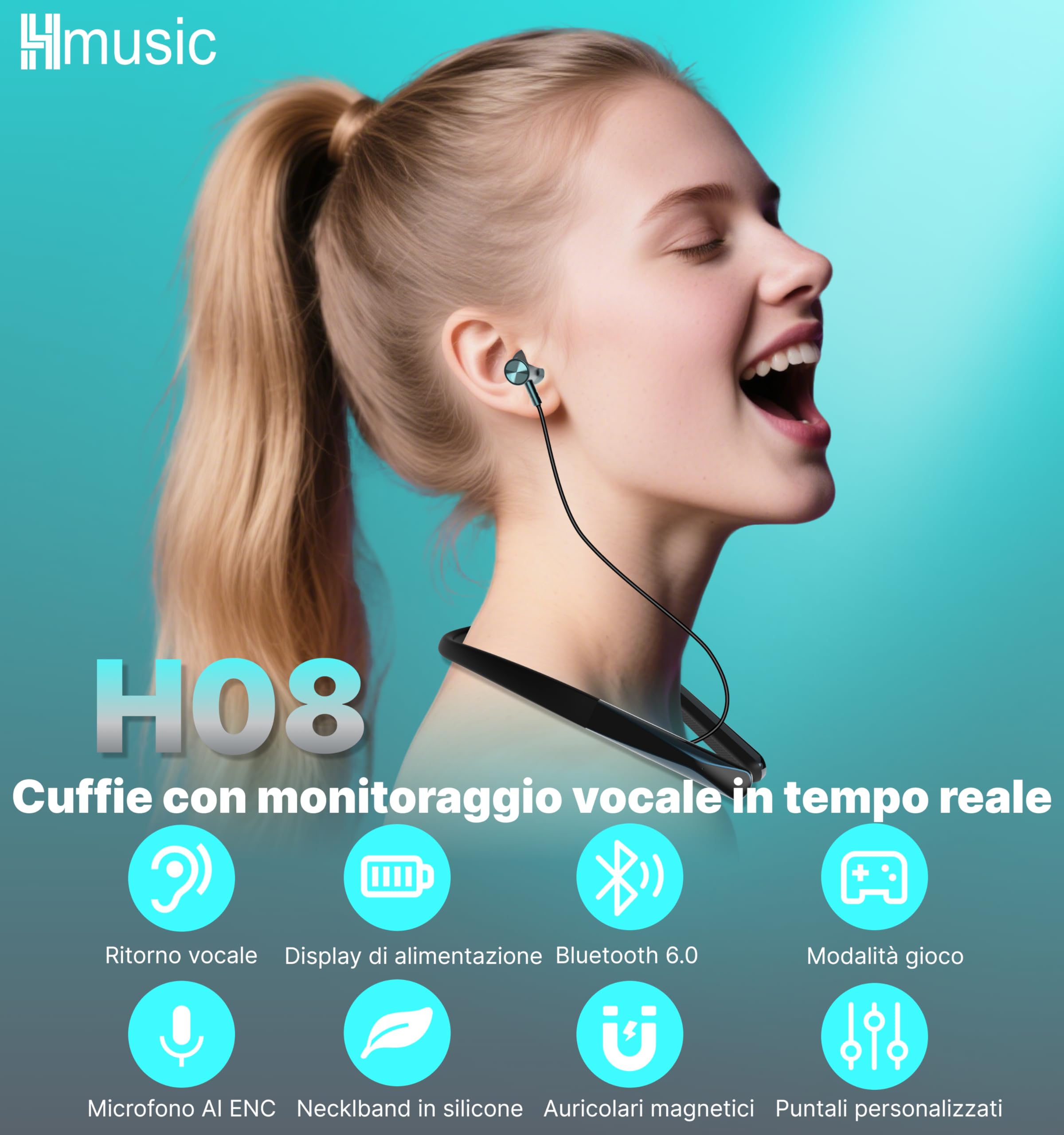 Hmusic H08 Cuffie con Archetto da Collo, Monitoraggio vocale in tempo reale | Impermeabile IPX5, 35 Ore di Autonomia, Auricolari magnetici Bluetooth 6.0, Microfono Al ENC, Display digitale a LED