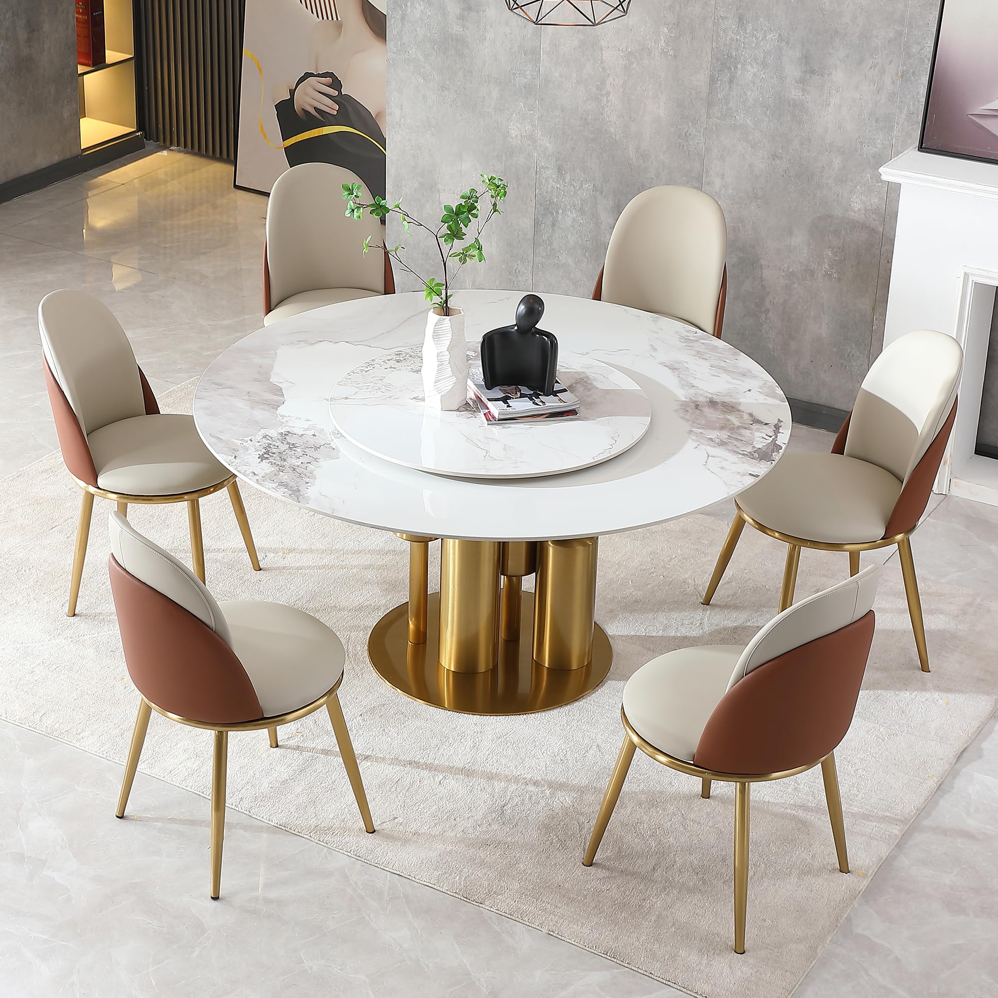 7 Piece Dining Room Set, 59“D Sintered Stone Dining Table Set for 6, Modern Kitchen Table and Chairs Set, Round Marble Dining Table with Stainless Steel Gold Base