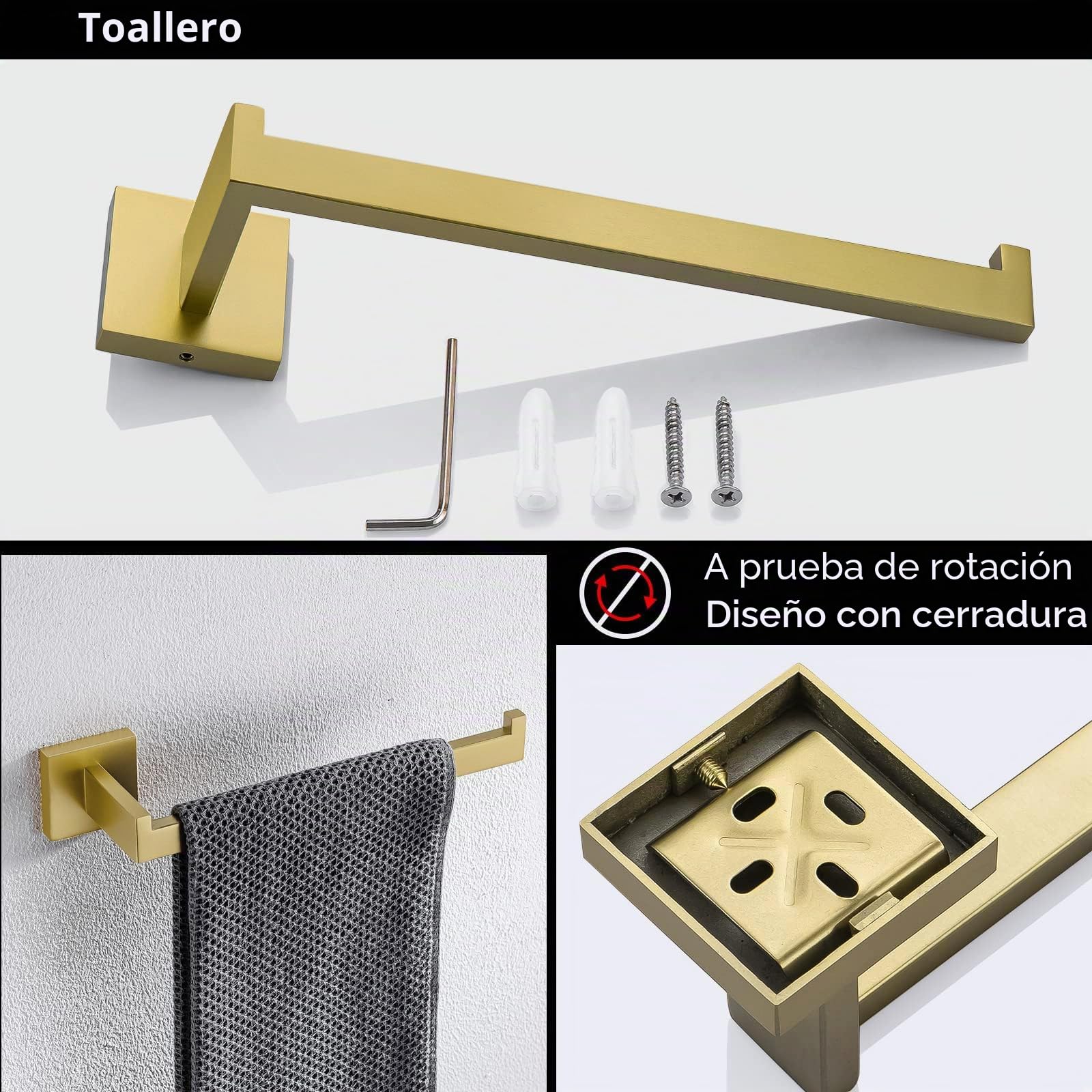 TURS Juego de 3 accesorios de baño de acero inoxidable SUS 304 con toallero, barra porta toallas, gancho de pared, color oro cepillado, Q7010GD