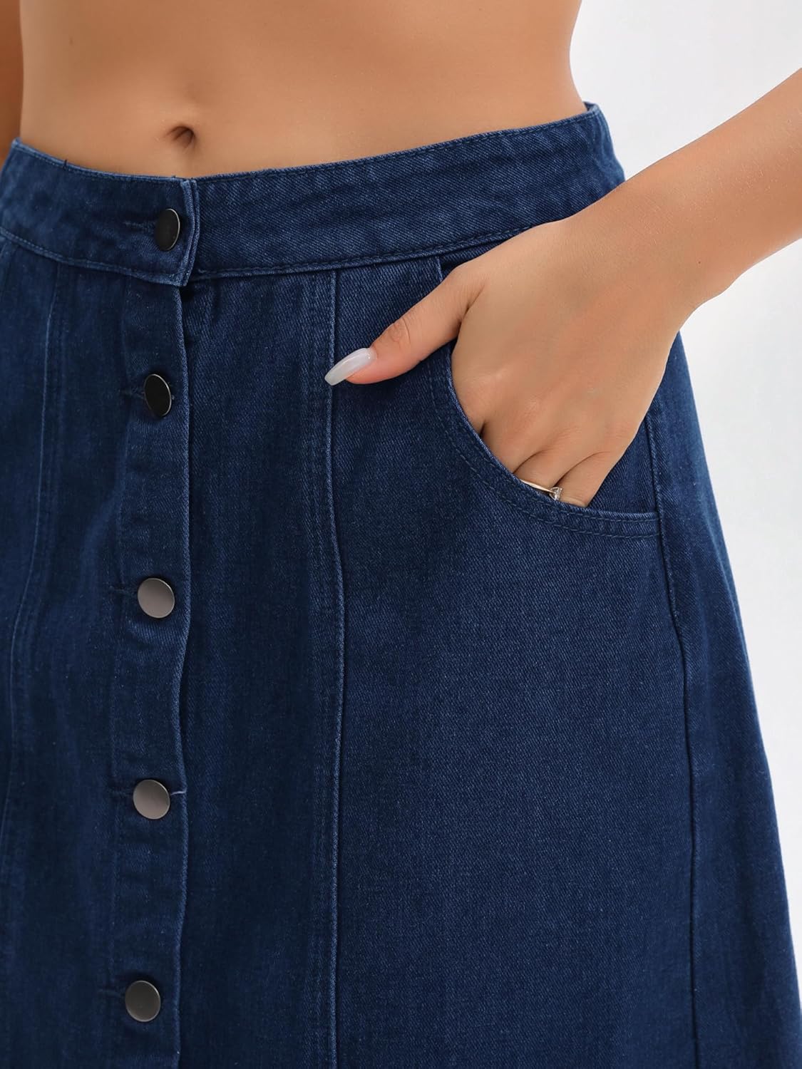 Women's Denim Skirt Button Down Front High Waisted Pockets A Line Midi Jean Skirts