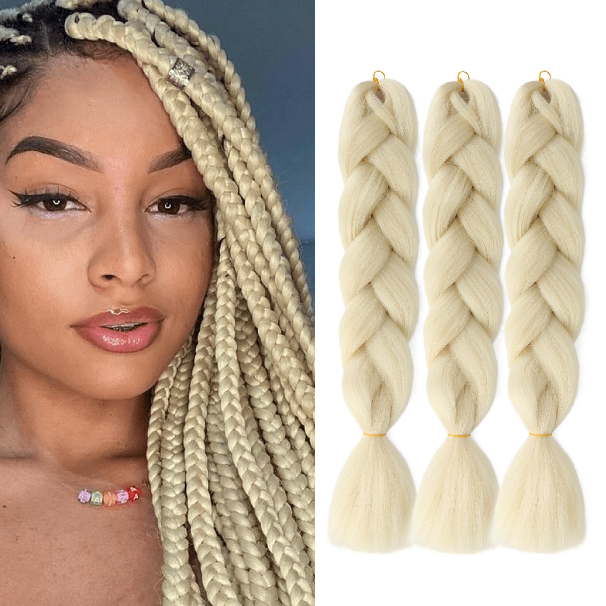 Blonde(613#) Braiding Hair Extensions Synthetic Braid for Crochet Box Twist Hair for Women 24Inches 100g/bundle(3 Bundles/Pack,613#)