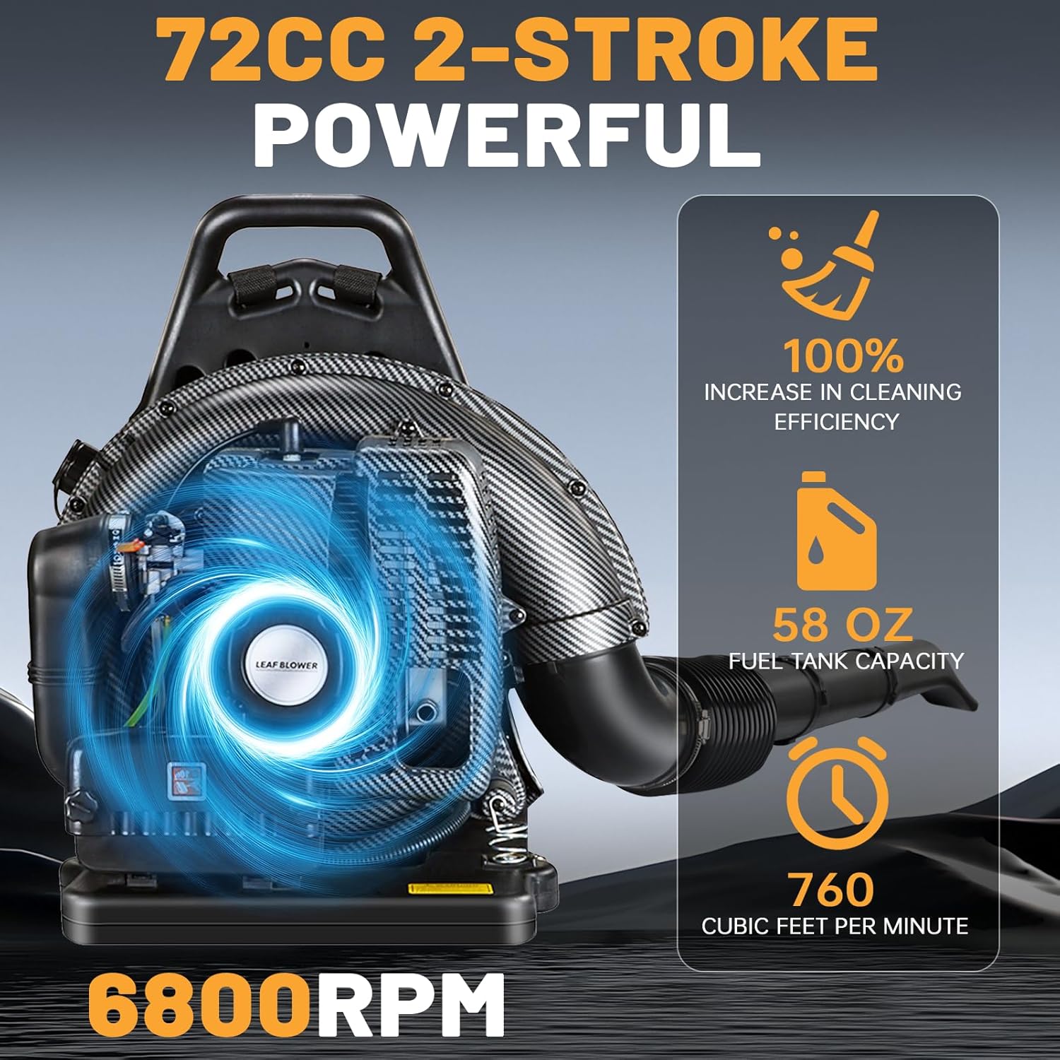 72CC Gas Backpack Leaf Blower - 2-Stroke Handheld-Class V Engine, 230 MPH 760 CFM, Adjustable Speed, Low Noise & Ergonomic Design, Cruise Control for Fast Yard Cleanup (Black)