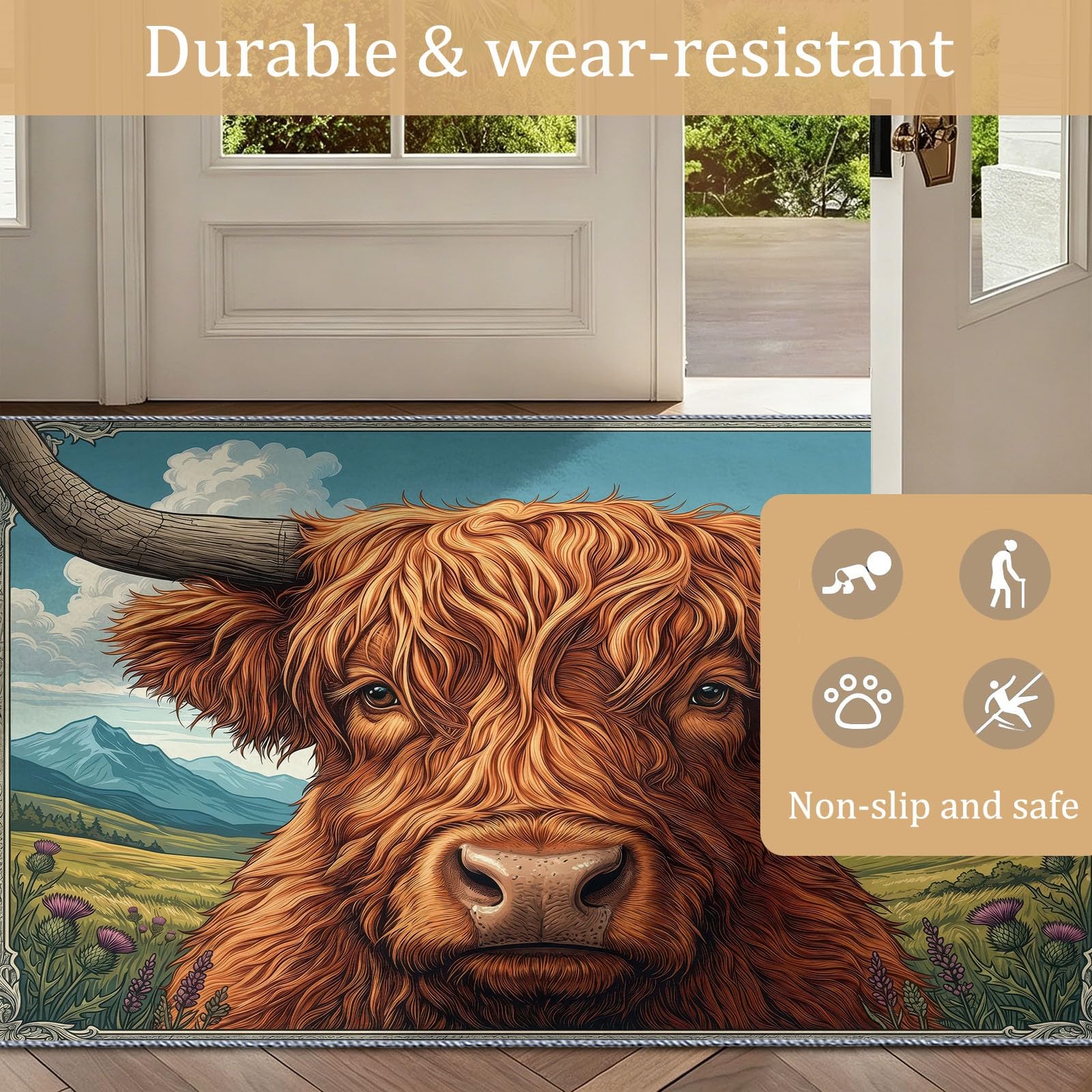 Tapis pour Chambre Dessin Animé Champêtre 80x150 cm, Tapis Antidérapant Prairie Vache Highland Ciel Bleu Modèle, Poils Courts Doux Lavable Moquette Décoration pour Descente de Lit, Couloir ou Cuisine