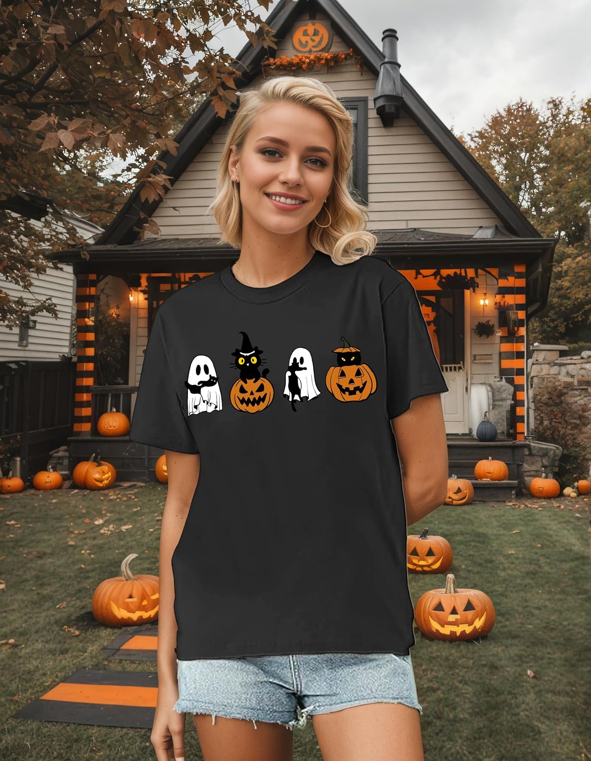 Halloween Shirts for Women Cute Ghost Pumpkin Graphic Tees Fall Gifts Casual Thanksgiving Doodles Short Sleeve Tops - Image 2