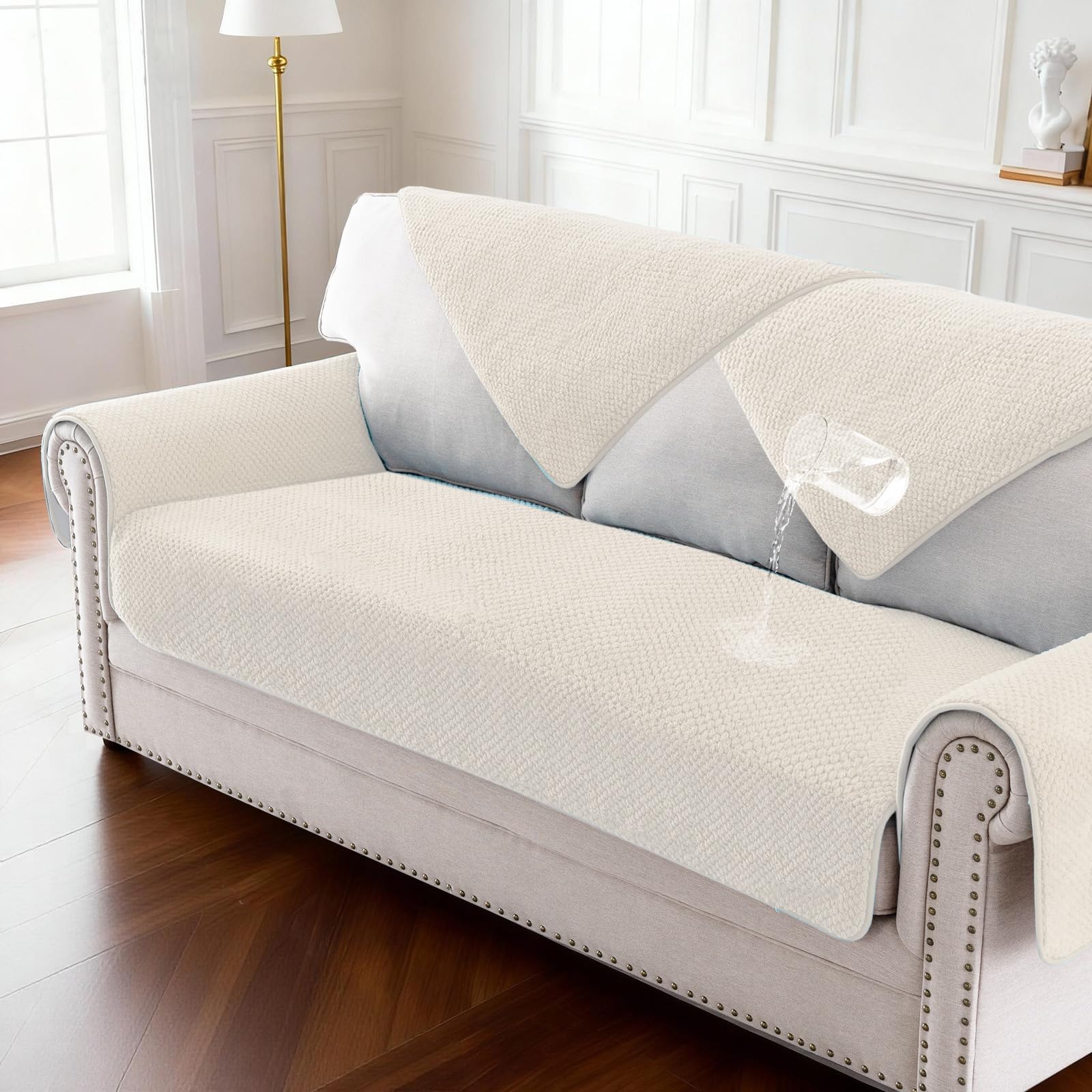 BellaHills Waterproof Sofa Cover 1 2 3 Seater Washable Non-Slip Seat Cushion Covers Flannel Couch Covers for Sectional Sofa, Sofa Slipcovers L Shaped Furniture Protector, 90x120 cm, Beige