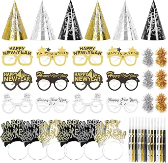 42 Pieces 2026 New Year's Eve Party Supplies Kit - Black Gold Silver Happy New Year Paper Glasses, Headband Tiaras, Cone Hats, Noise Makers