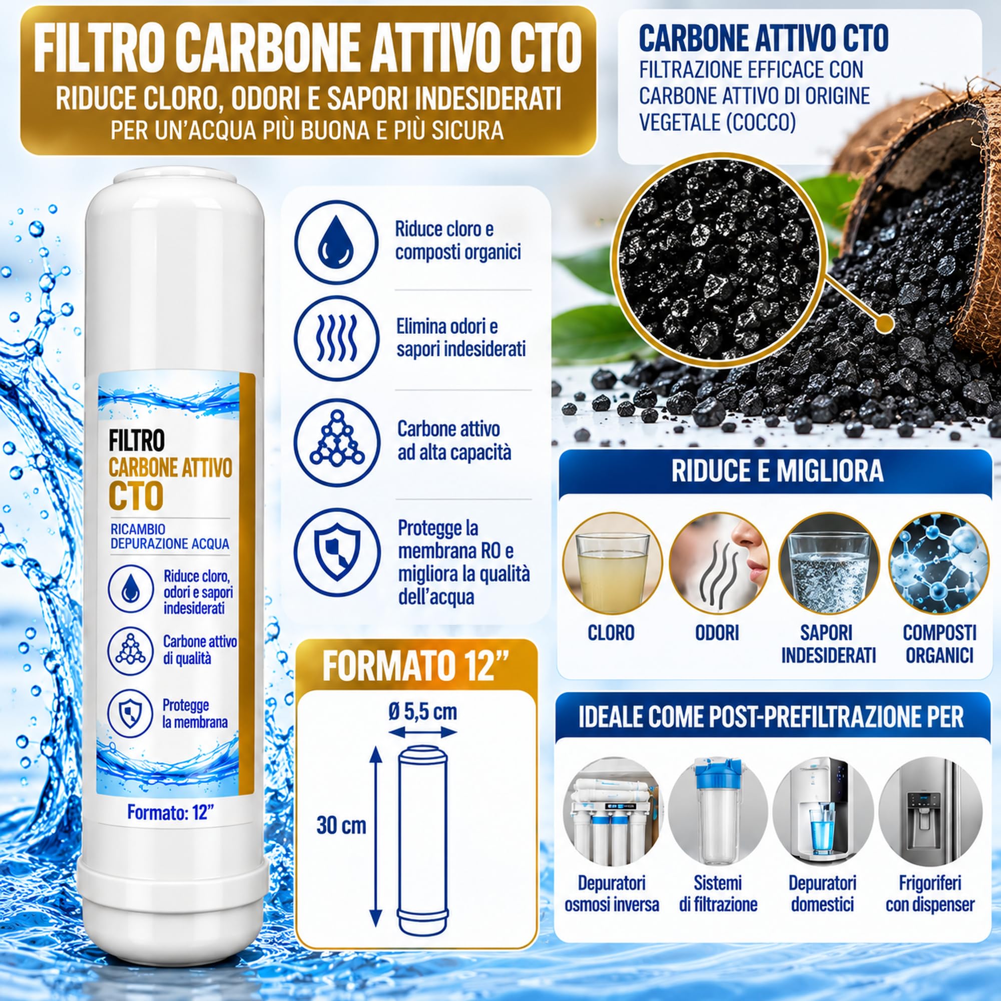 Kit 3 Filtri per Depuratore Acqua Osmosi Inversa – PP Sedimenti 12" + CTO Carbone Attivo 12" + Postfiltro T33 10" – Ricambi per Impianto Osmosi Inversa