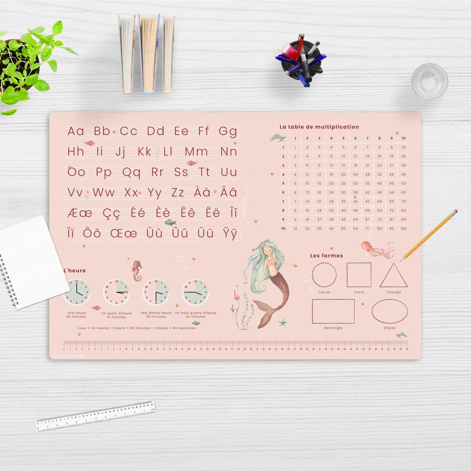 Sous-main pour bureau enfants tapis d'apprentissage français sirène ABC 60 x 40 cm vinyle essuyable Allemagne