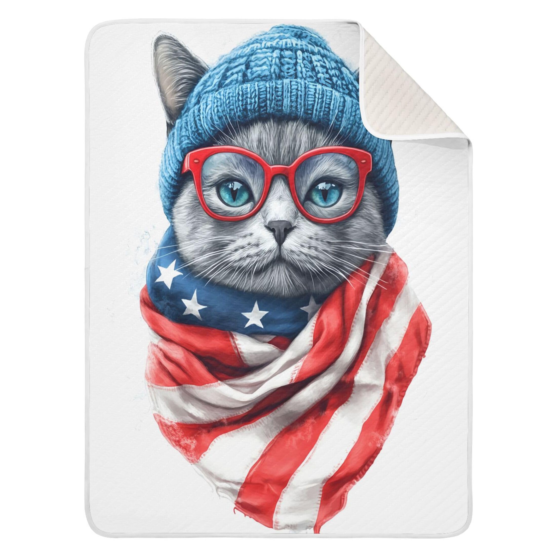 Burbuja Cat in American Flag Scarf Baby Blanket for Boys Girls, Nursery Soft Warm Swaddling Receiving Baby Blankets, 30x40 in Toddler Blanket