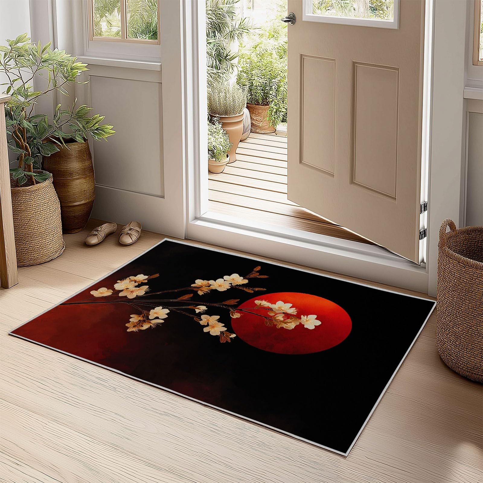 Antidérapante Tapis de Salon Chambre - Salon Super Doux Salle à Manger Faux Tapis en Laine, Motif Fleurs crème Soleil Rouge Style Japonais Rug Décoratif Résistant Lavable Noir et Rouge 120 x 180cm